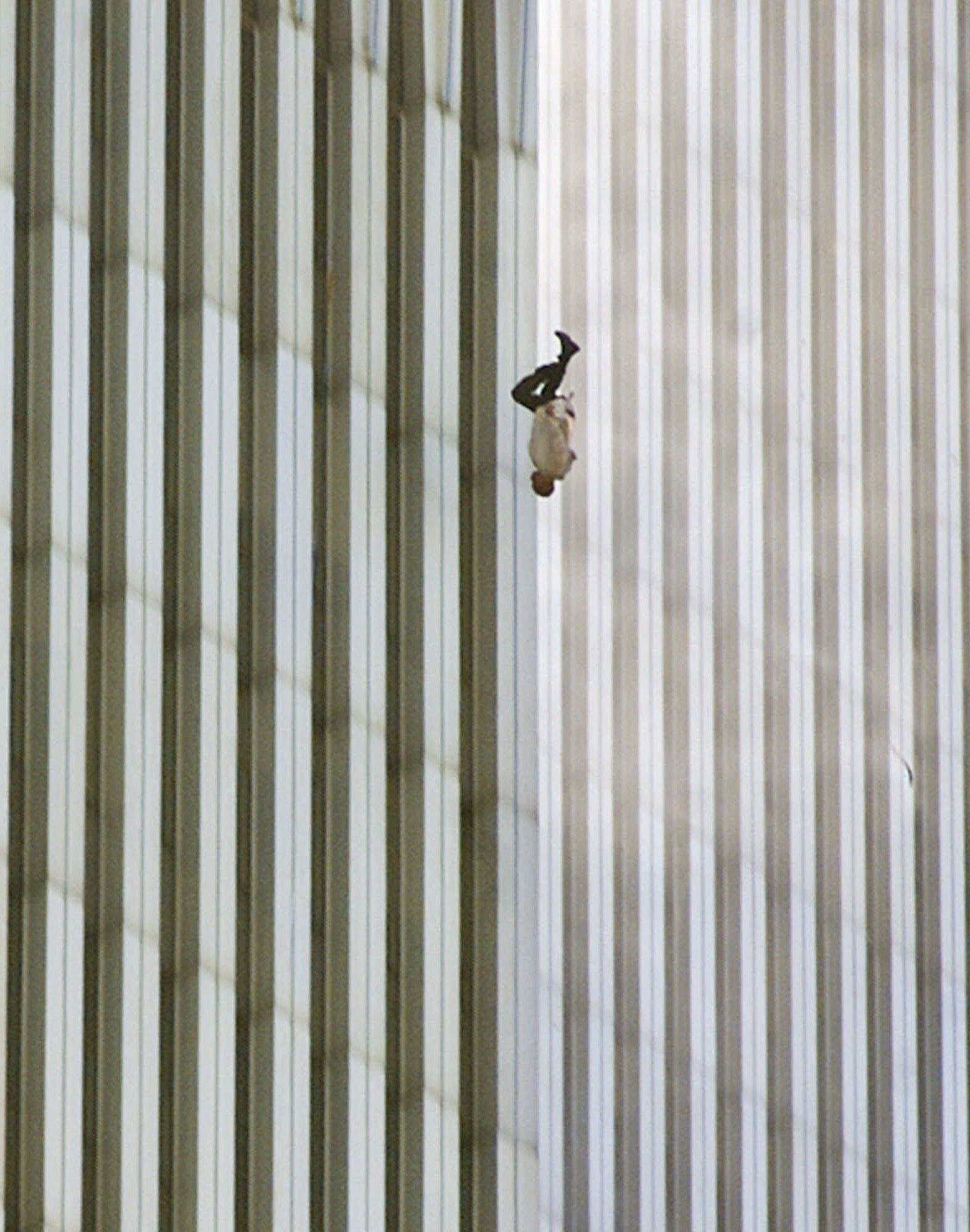 A man jumps to his death from North Tower of the World Trade Center on Sept. 11, 2001.