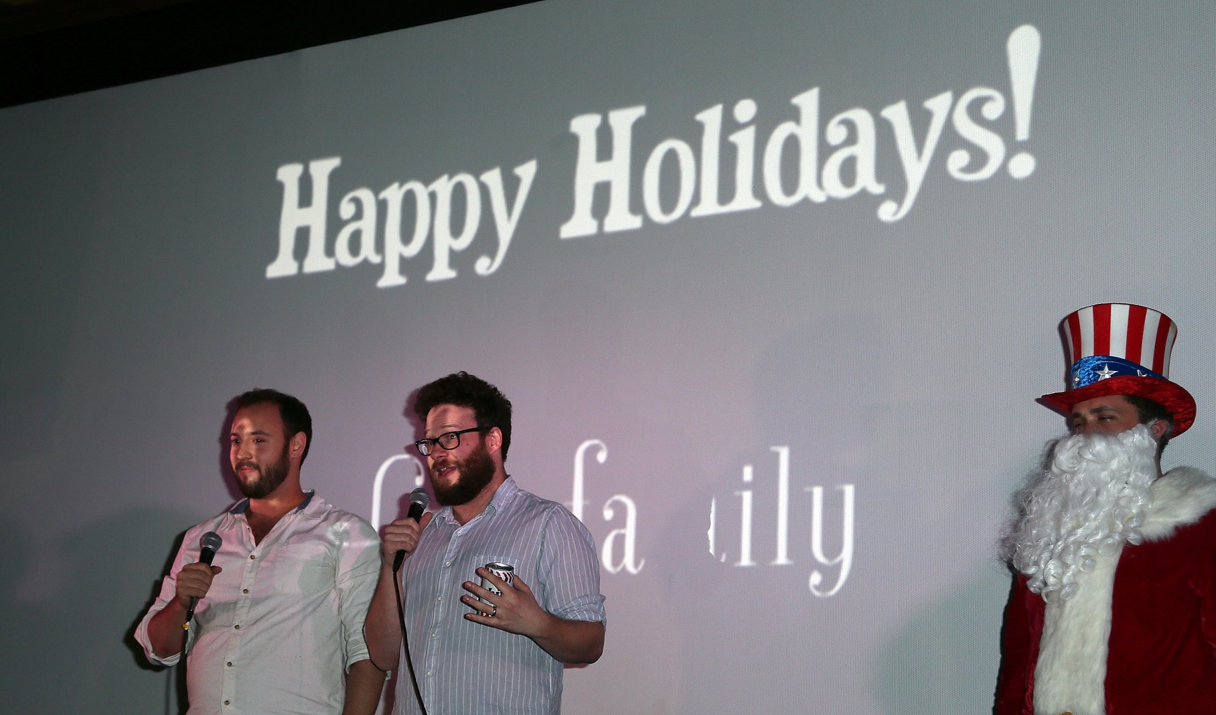 Writers/directors Evan Goldberg (L) and Seth Rogen introduce the screening of Sony Pictures' "The Interview" at Cinefamily on Dec. 25, 2014 in Los Angeles.