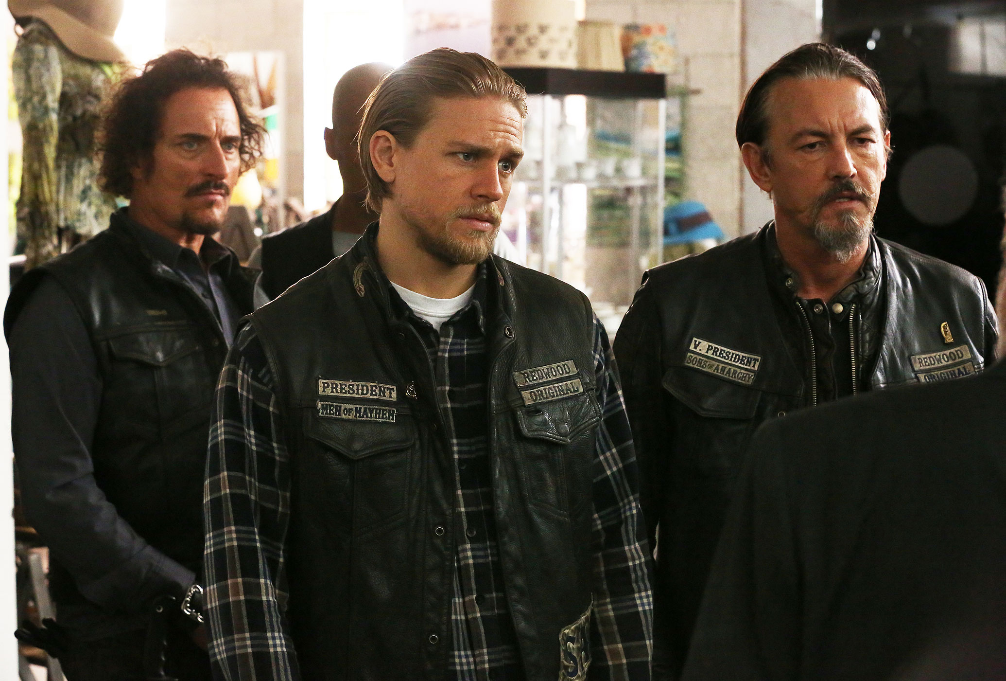 From left to right: Kim Coates as Tig Trager, Charlie Hunnam as Jax Teller, Tommy Flanagan as Chibs Telford in <i>Sons of Anarchy</i> (FX)