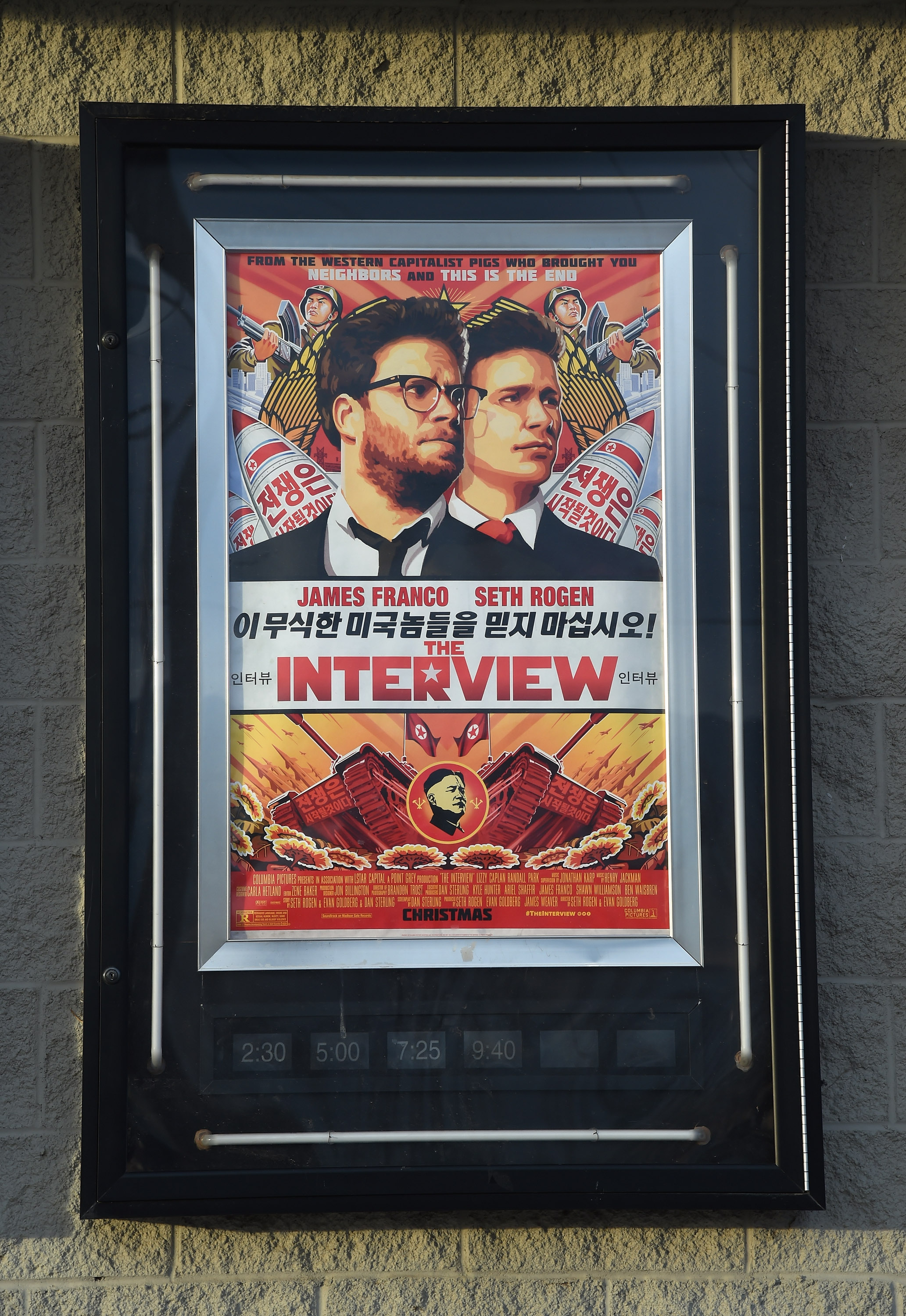 A movie poster for "The Interview" is displayed outside the Megaplex Theatres - Stadium 6 on Dec. 25, 2014 in Mesquite, Nevada. (Ethan Miller&mdash;Getty Images)