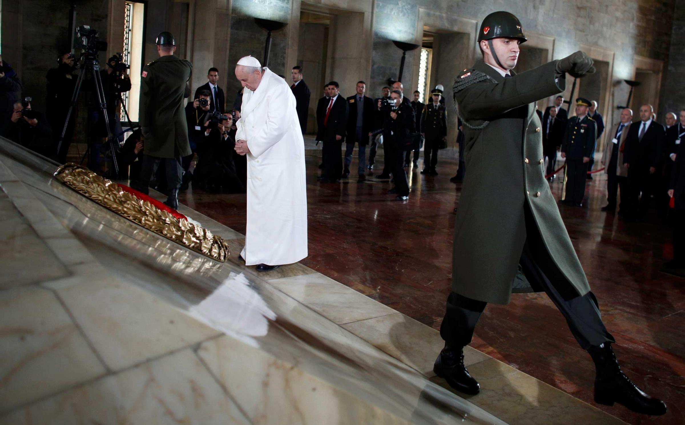 Pope Francis lays wreaths at the mausoleum of modern Turkey's founder Ataturk in Ankara