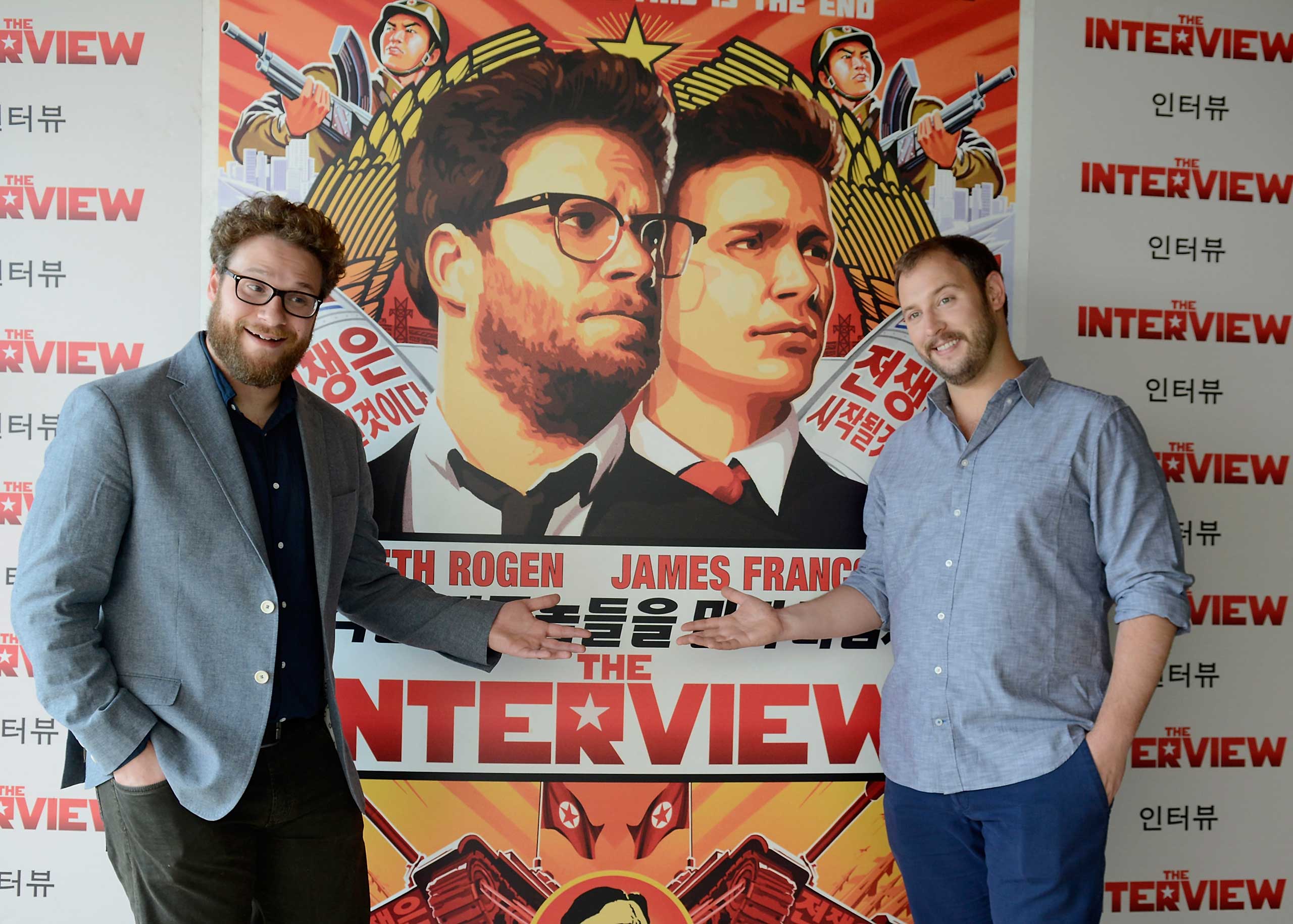 Seth Rogen (L) and Evan Goldberg pose during a photocall for their latest film 'The Interview' at the Hotel Mandarin on June 18, 2014 (Robert Marquardt—Getty Images)