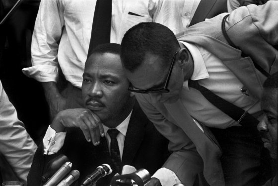 From left: Dr. Martin Luther King and Rev. Wyatt Tee Walker announce an agreement with Birmingham, Ala., businesses to desegregate certain sevices and jobs in the city.