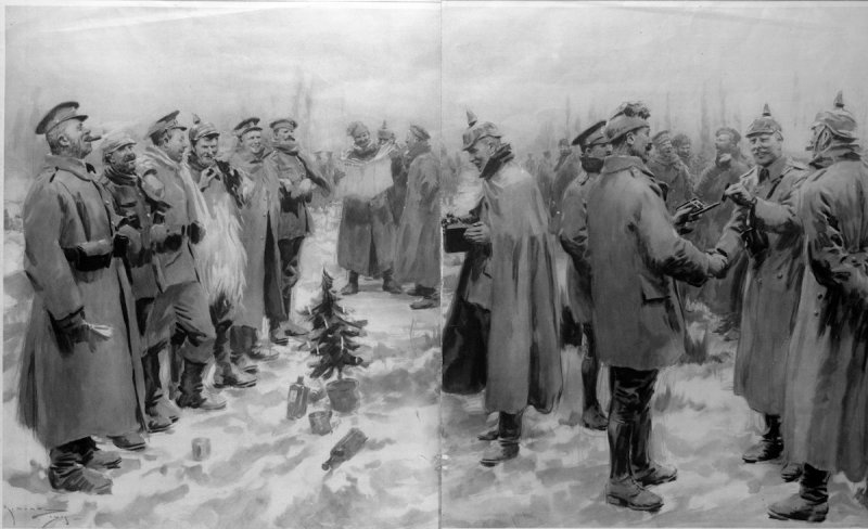 German and British troops celebrating Christmas together during a temporary cessation of WWI hostilities known as the Christmas Truce.