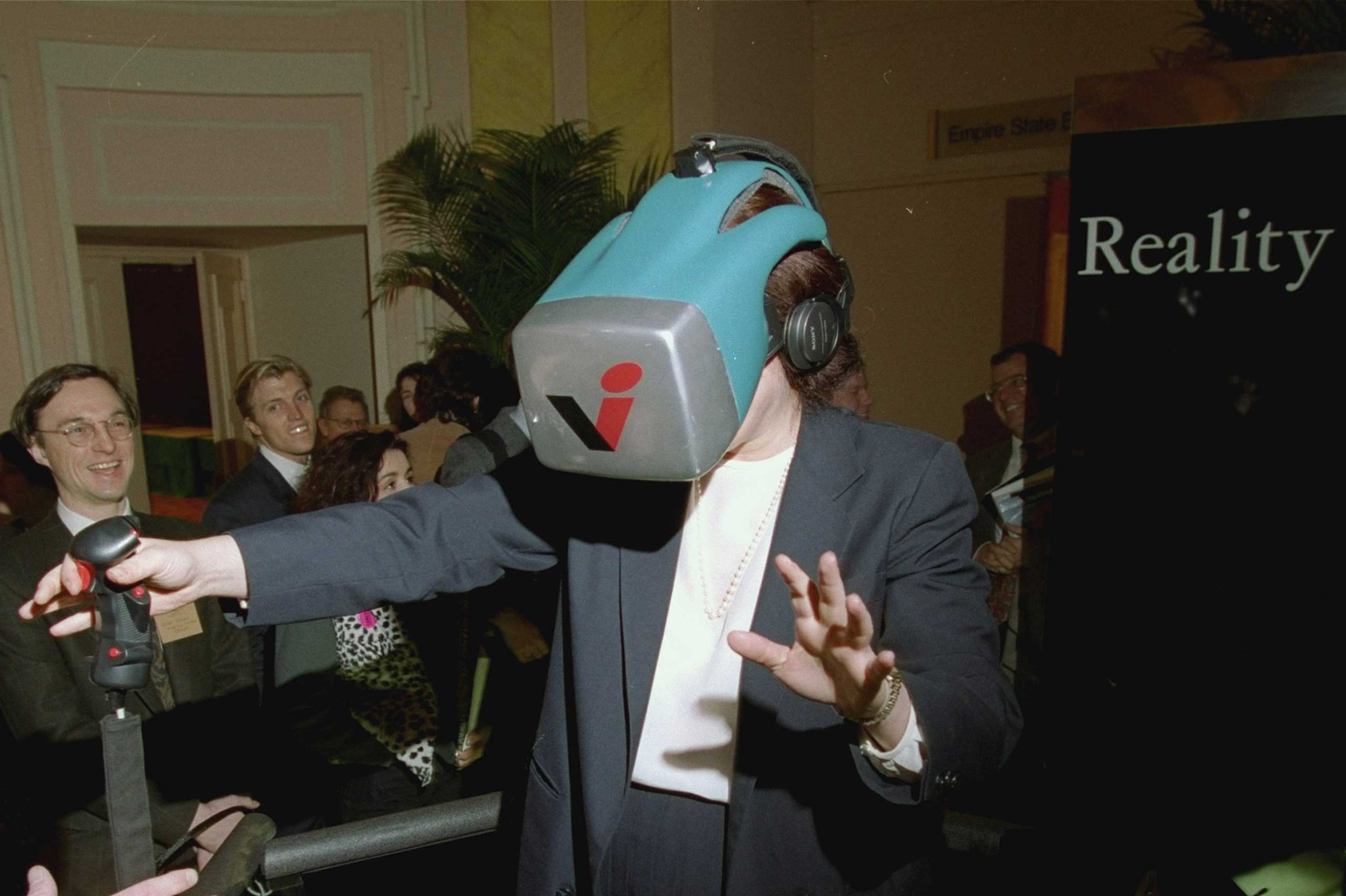 An electronic helmet and a large joystick during a demonstration of "Reality +" at the Virtual Reality Systems 93 show in New York on March 16, 1993.