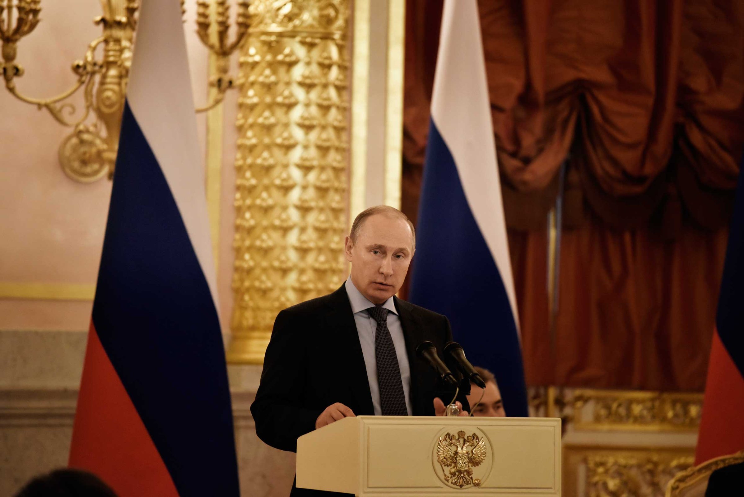 President Vladimir Putin speaks during his meeting with Human Rights activists in the Grand Kremlin Palace, Moscow, Dec. 5, 2014.