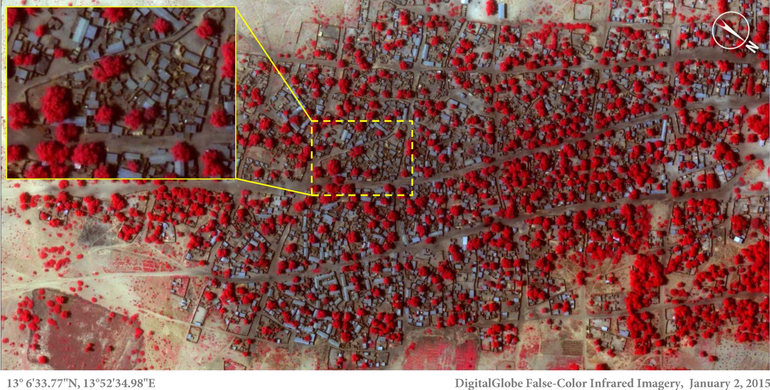An overhead view of the village of Doro Baga is in northeastern Nigeria on Jan. 2, 2015, before the attack. (This shows an example of the densely packed structures and tree cover before the attack.)