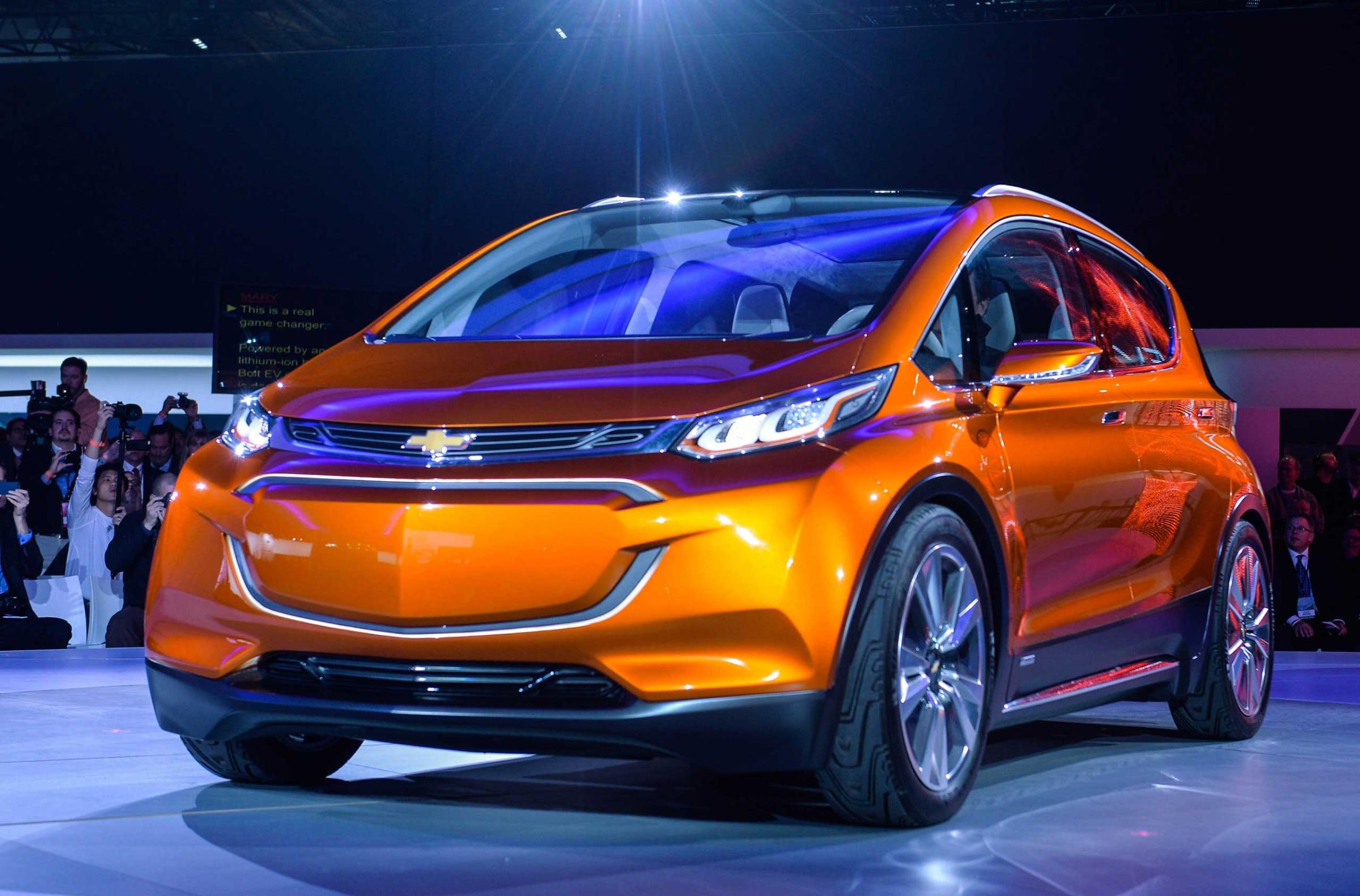 Chevrolet unveils a new concept car bolt during a press preview on Jan. 12, 2015 in Detroit.