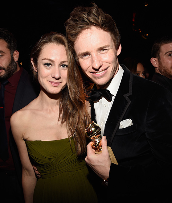 Eddie Redmayne and Hannah Bagshawe In a sweet, chivalrous follow-up to his charming acceptance speech about being newly married, the Best Actor in a Motion Picture – Drama (in Gucci) kept his new wife Hannah Bagshawe close to his side at the after-party.