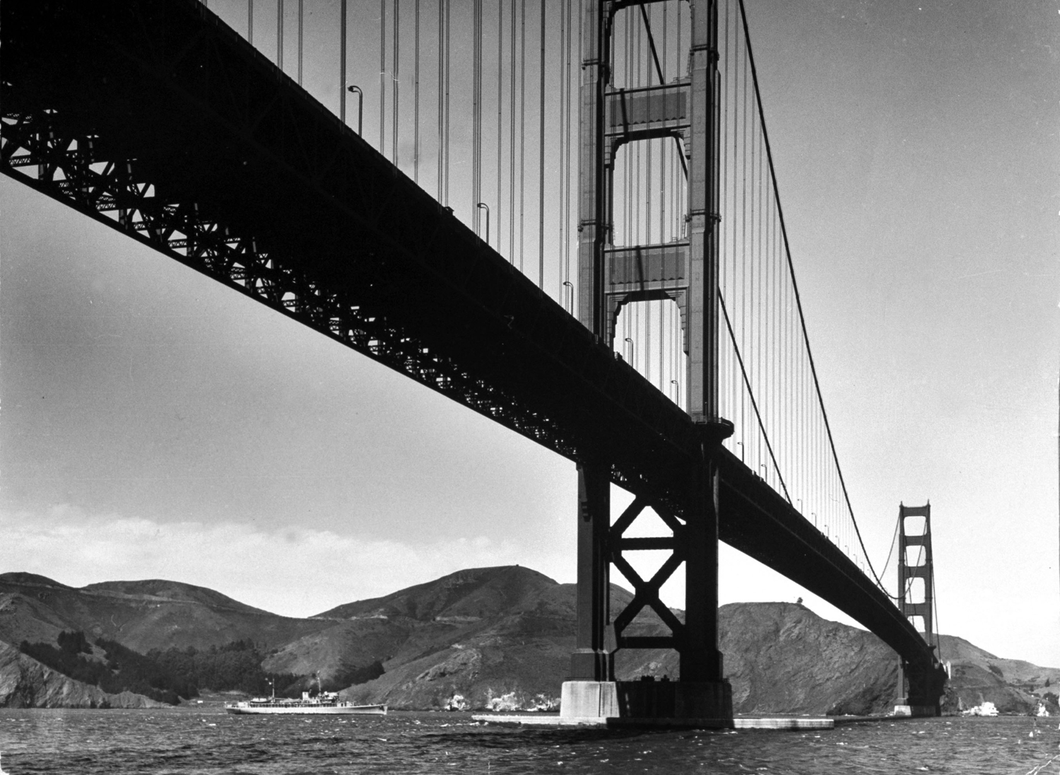 View of the Golden Gate Bridge toward the hills of Marin County, 1955.