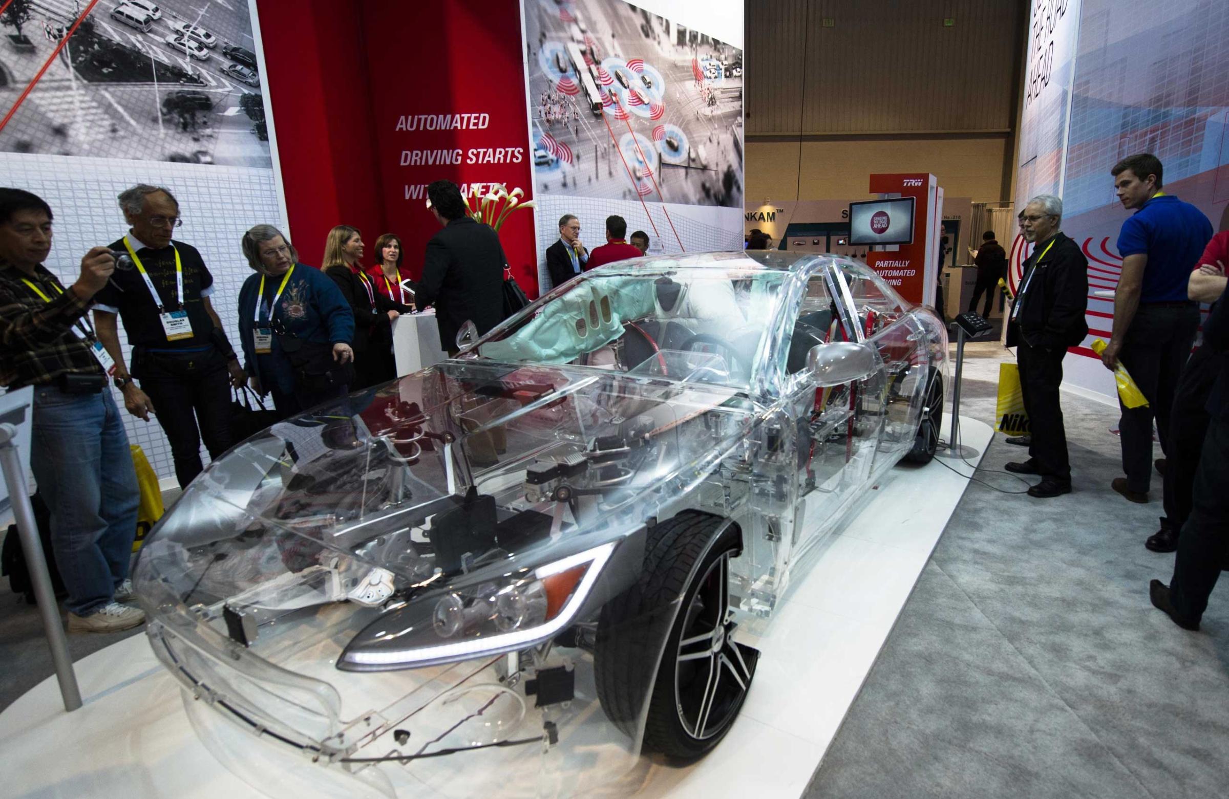A transparent TRW model car is seen during the 2015 International Consumer Electronics Show (CES) in Las Vegas on Jan. 6, 2015.