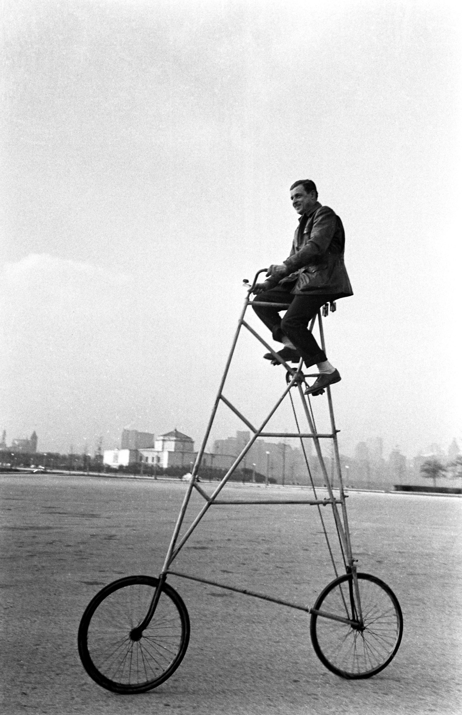 Riding a preposterous bicycle, Chicago, 1948.