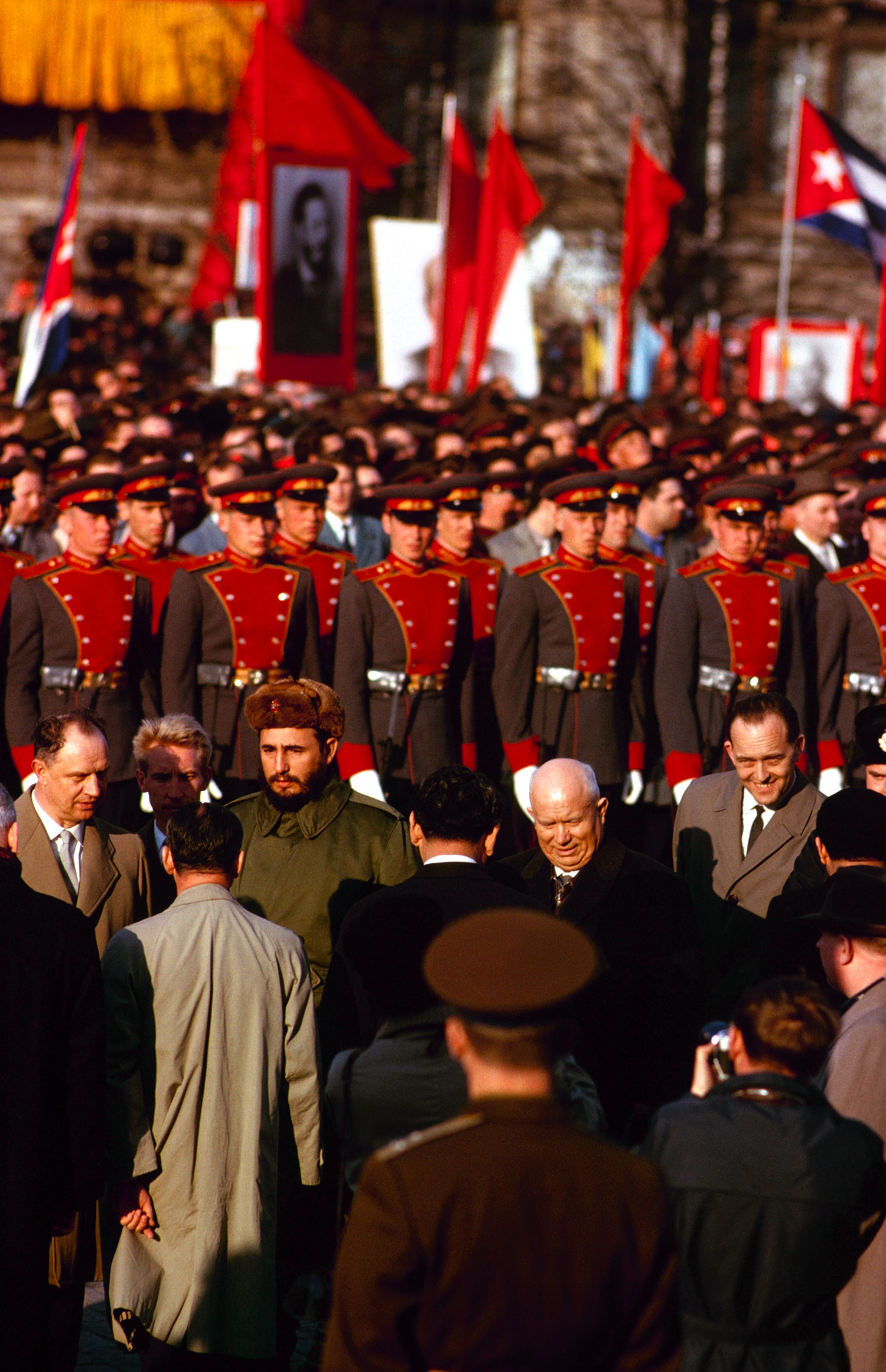 Cuban leader Fidel Castro and Nikita Khrushchev, May Day celebration, Moscow, 1963.