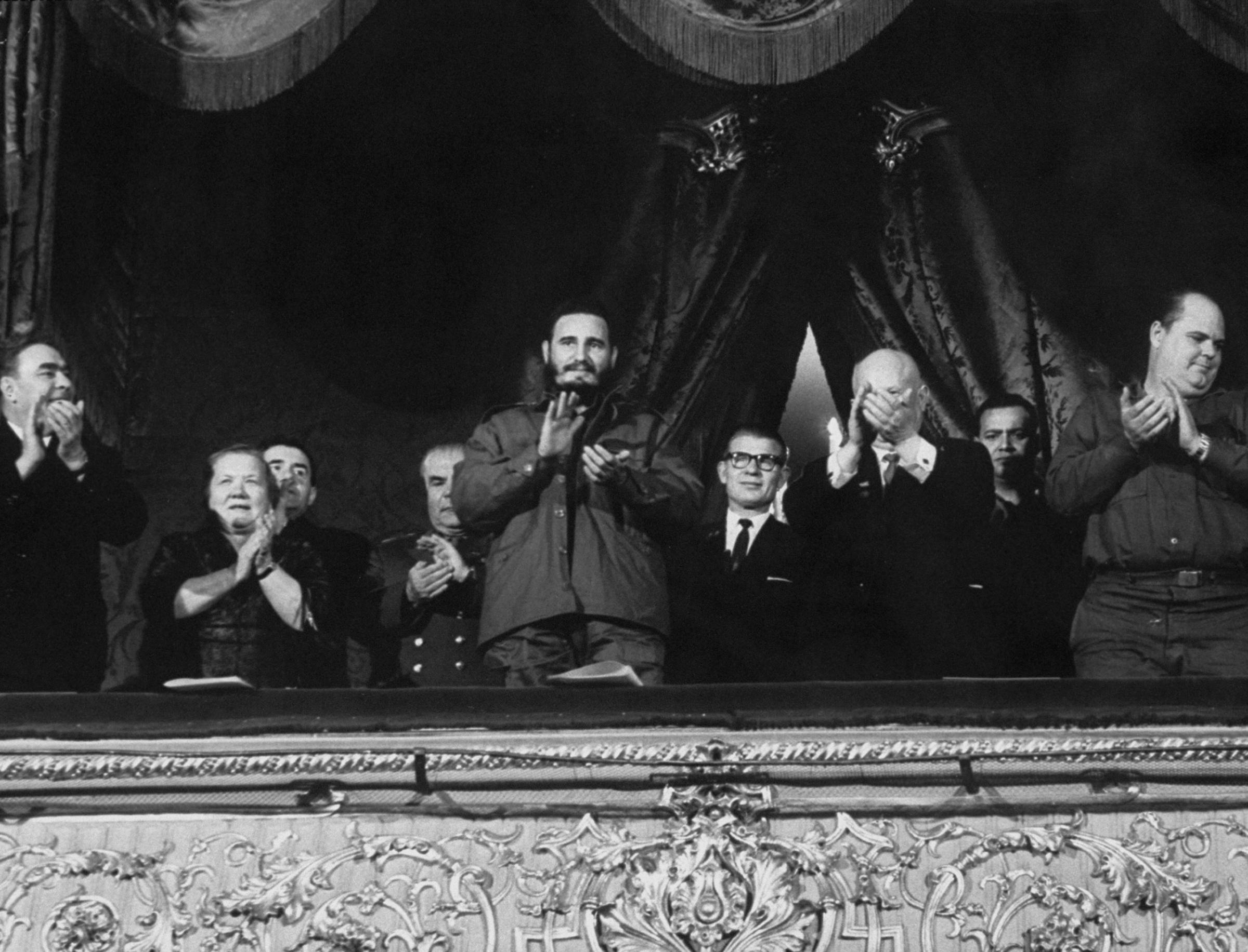 Fidel Castro, Nikita S. Khrushchev and Emilio Aragonés Navarro at the Bolshoi Ballet, Moscow, 1963.