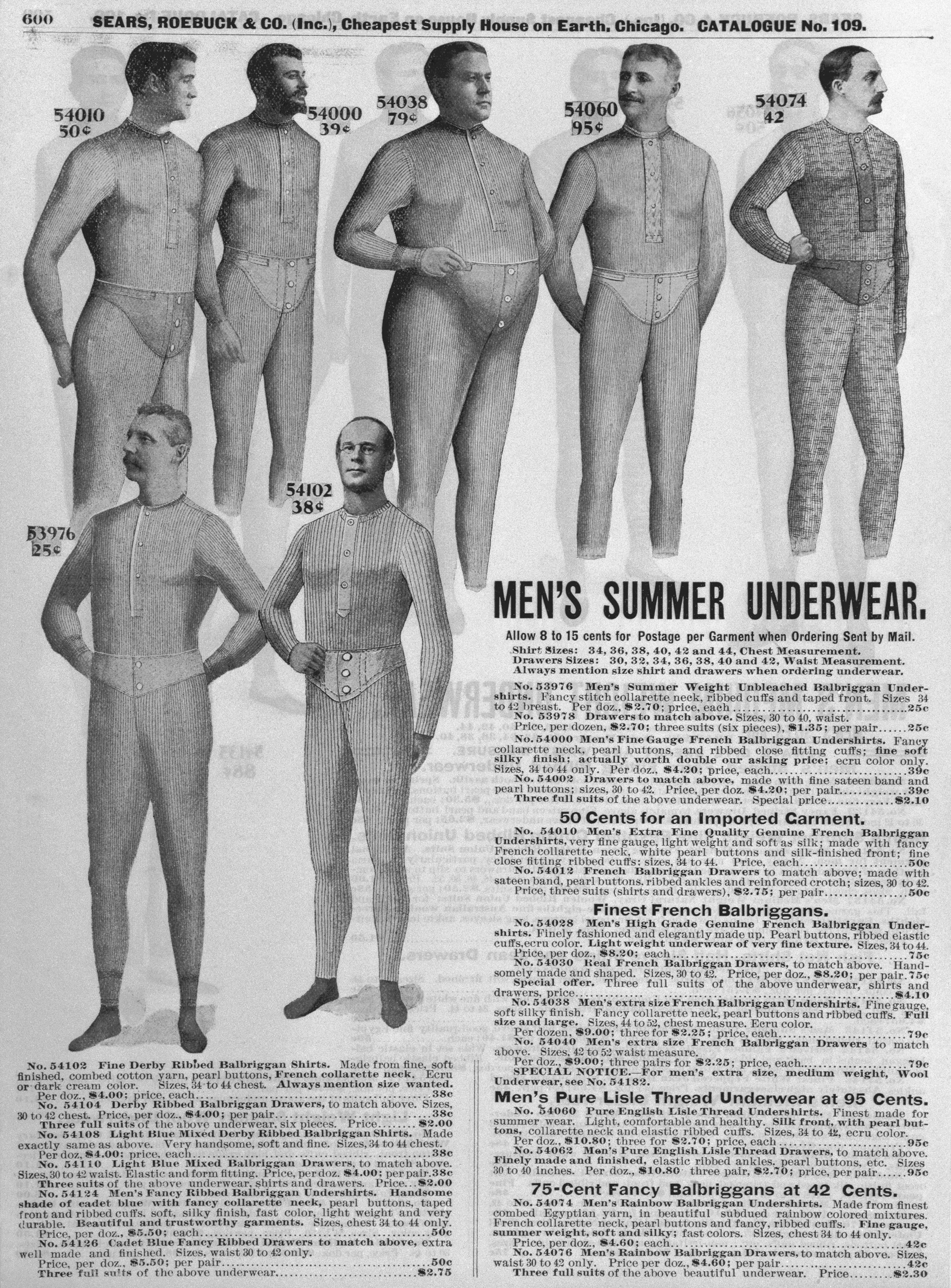 Page of Sear's catalogue, advertising men's summer underwear, circa 1890-1910.