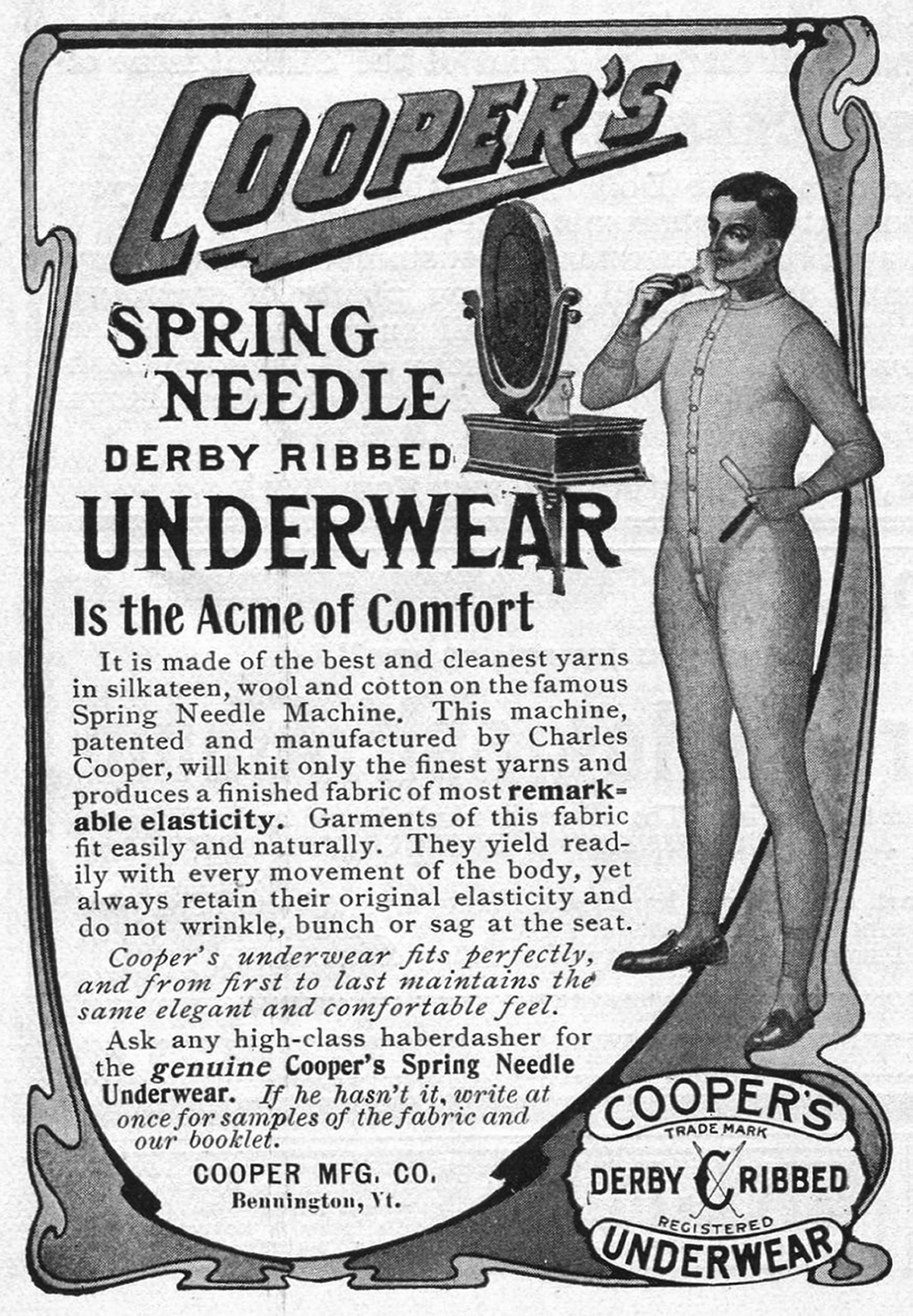 Advertisement for Cooper's spring needle derby ribbed underwear by the Cooper Manufacturing Company in Bennington, Vermont, 1905.