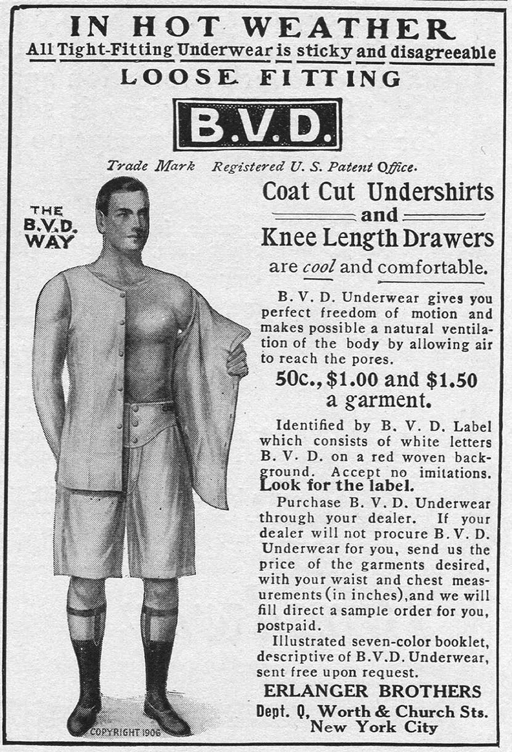 Advertisement for BVD undershirts and drawers underwear by Erlanger Brothers in New York, 1907.