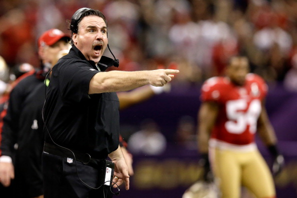 Jim Tomsula of the San Francisco 49ers reacts as he coaches against the Baltimore Ravens during Super Bowl XLVII at the Mercedes-Benz Superdome in New Orleans on Feb. 3, 2013 (Ezra Shaw—Getty Images)