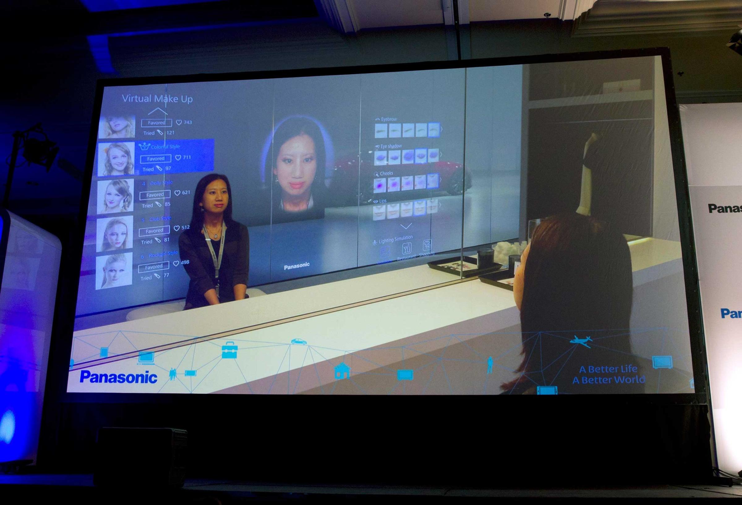 A display shows Panasonic's virtual make-up mirror at a Panasonic news conference on Jan. 5 , 2015.