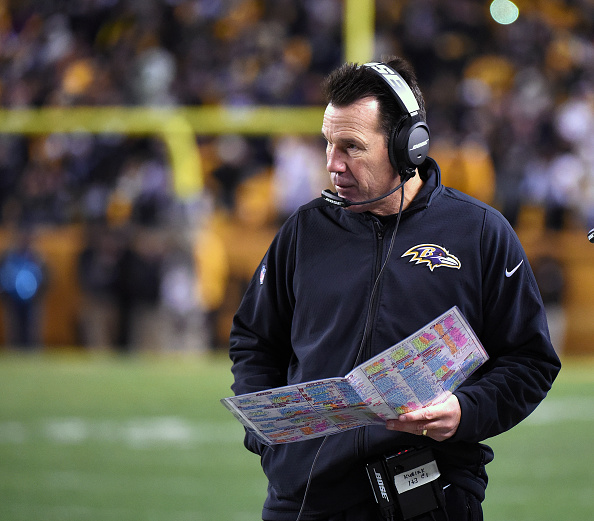 Offensive coordinator Gary Kubiak of the Baltimore Ravens looks on from the sidelines during a game against the Pittsburgh Steelers at Heinz Field in Pittsburgh on Nov. 2, 2014 (George Gojkovich—Getty Images)