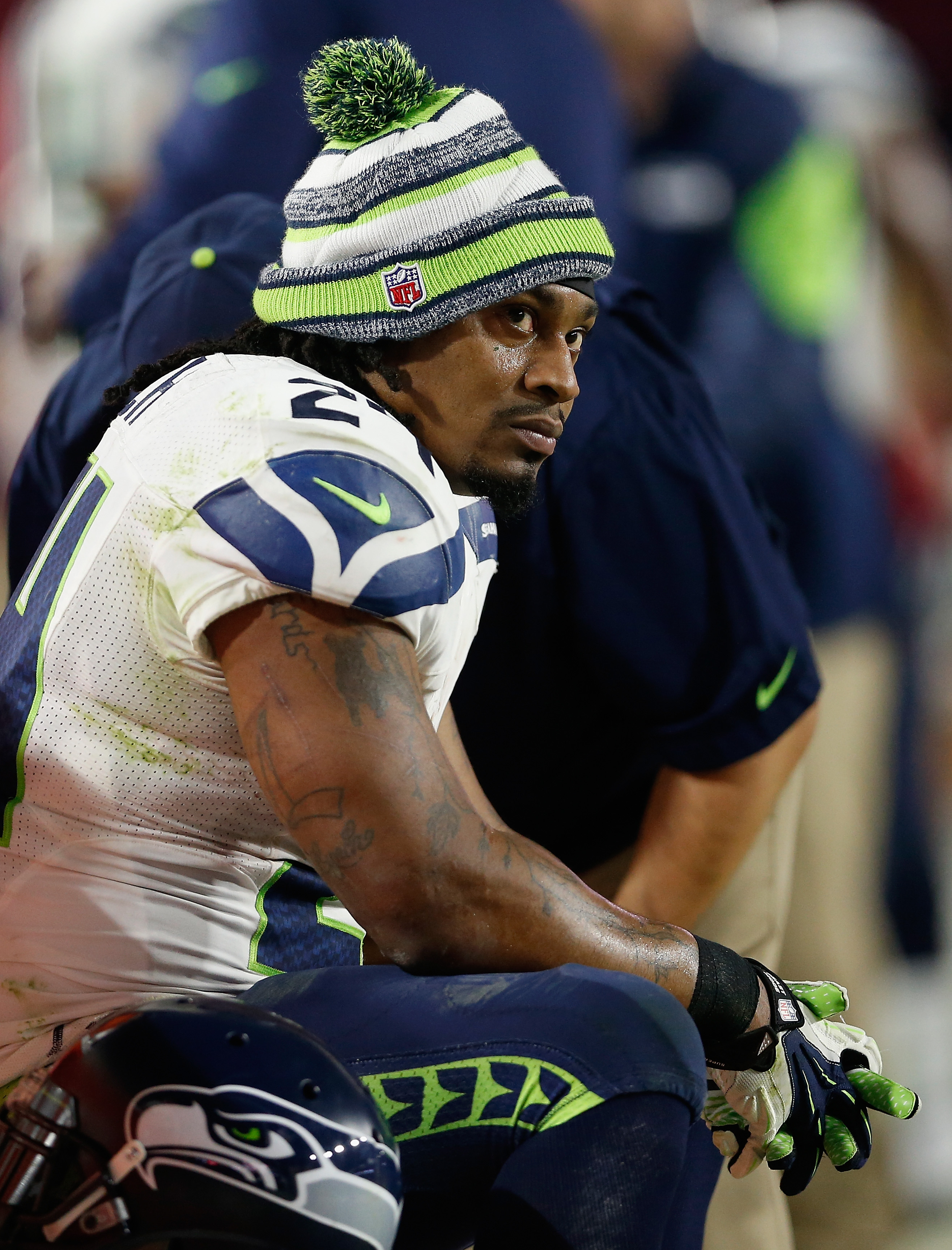 Running back Marshawn Lynch of the Seattle Seahawks on the sidelines during the NFL game against the Arizona Cardinals at the University of Phoenix Stadium on Dec. 21, 2014 in Glendale, Ariz. (Christian Petersen—Getty Images)