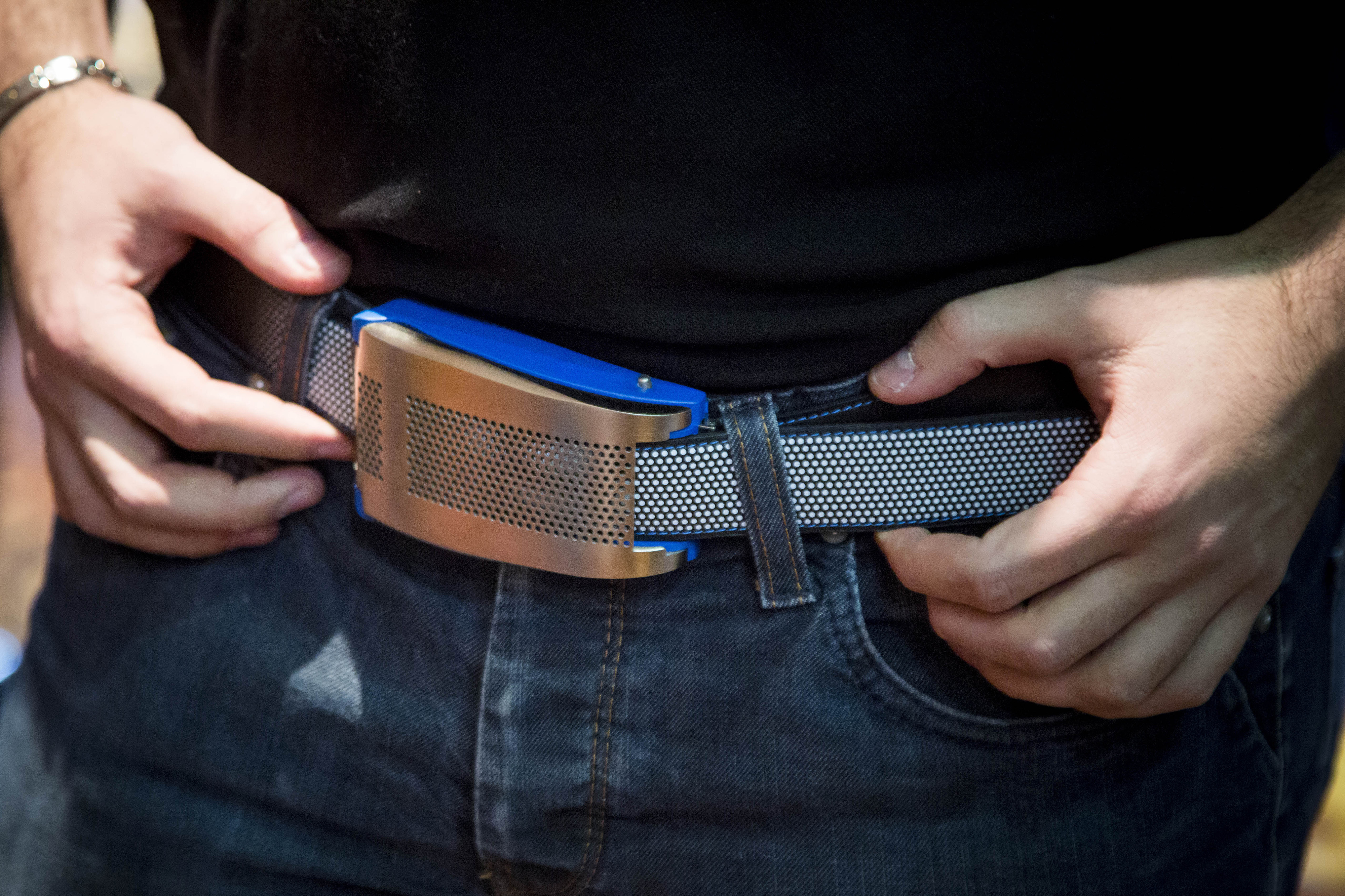 The Emiota smart belt is demonstrated at the CES Unveiled press event ahead of the 2015 Consumer Electronics Show in Las Vegas, Nevada, U.S., on Sunday, Jan. 4, 2015. (Michael Nagle / Bloomberg &mdash;Getty Images)