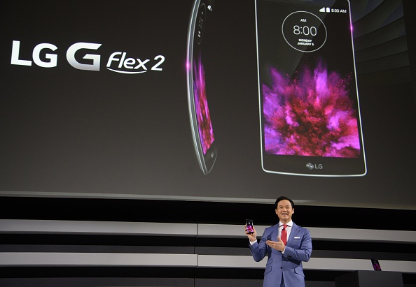Frank Lee, head of brand marketing for LG Electronic MobileComm USA, introduces the new LG G Flex 2 smartphone at the 2015 Consumer Electronics Show in Las Vegas on Jan. 5, 2015 (Robyn Beck—AFP/Getty Images)