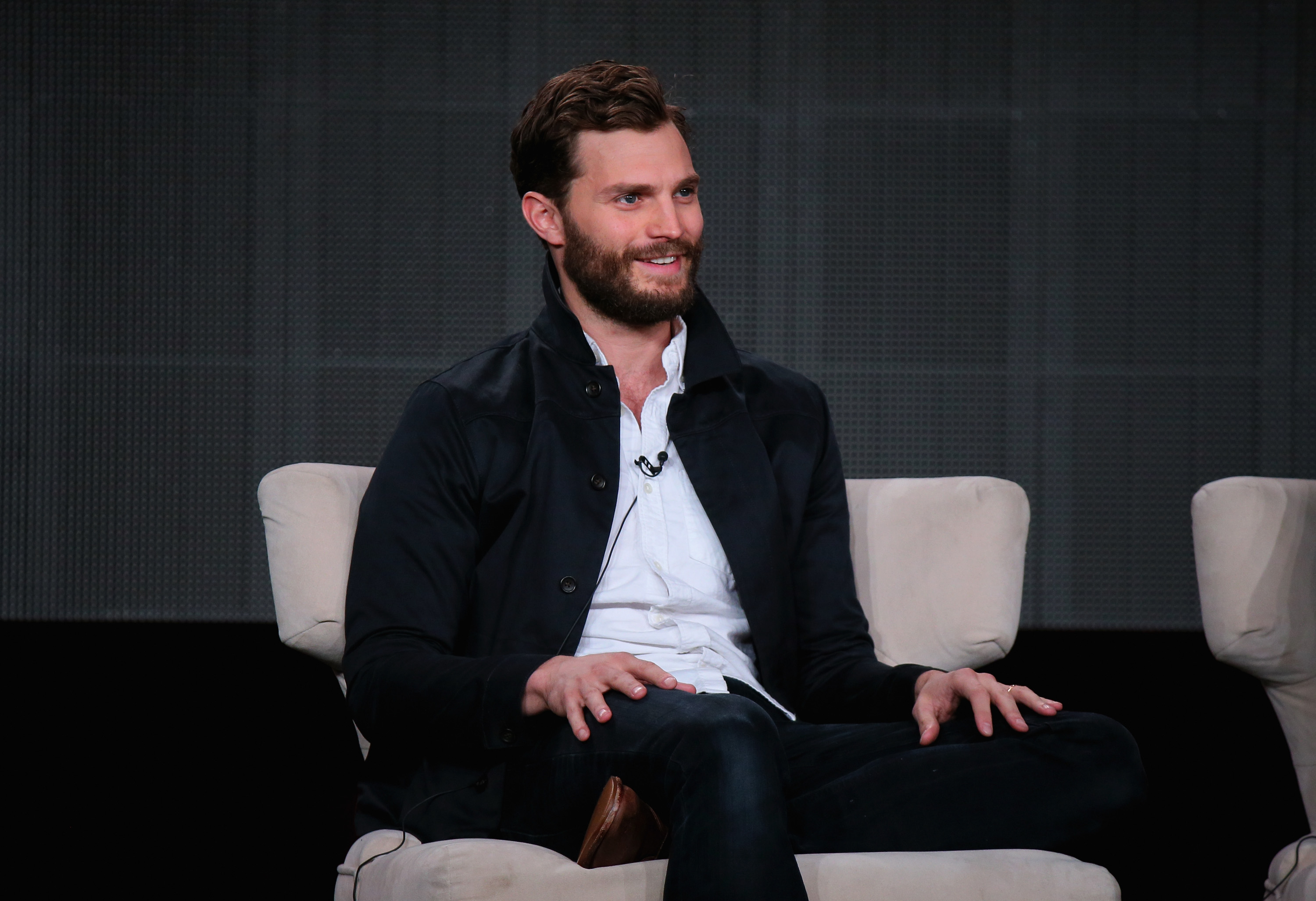 Jamie Dornan speaks onstage about The Fall during the Netflix TCA Press Tour (Mark Davis&mdash;2015 Getty Images)