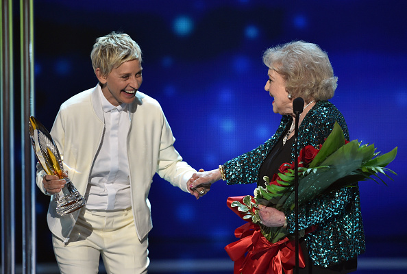 TV personality Ellen DeGeneres and actress Betty White speak on stage at the People's Choice Awards at Nokia Theatre in Los Angeles on Jan. 7, 2015 (Kevin Winter—Getty Images)