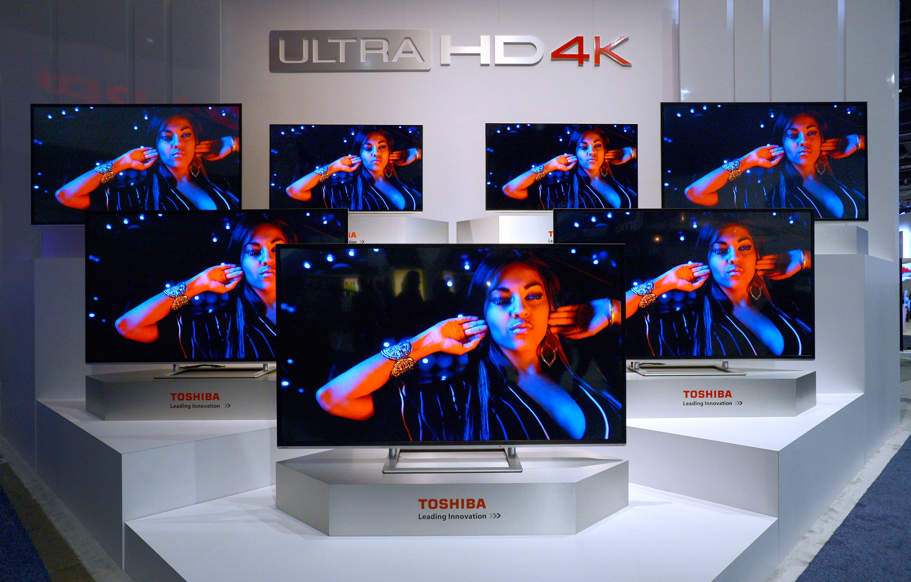 Toshiba Ultra HD 4K televisions are on display at the Toshiba booth at the 2014 International CES at the Las Vegas Convention Center on January 7, 2014 in Las Vegas, Nevada. (David Becker&mdash;Getty Images)