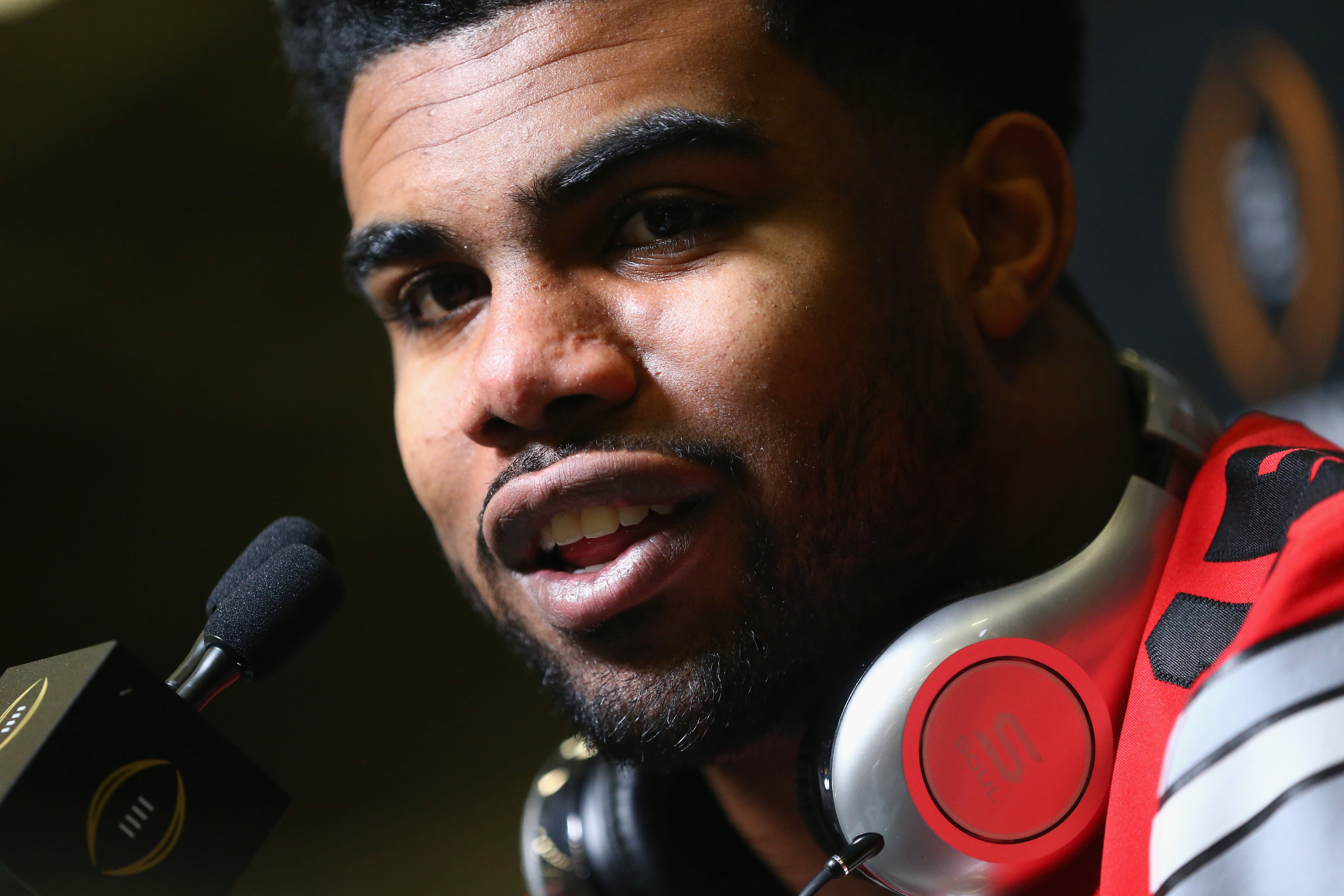 Ezekiel Elliott #15 of the Ohio State Buckeyes talks with media during Media Day for the College Football Playoff National Championship at Dallas Convention Center on January 10, 2015 in Dallas, Texas. (Ronald Martinez—Getty Images)