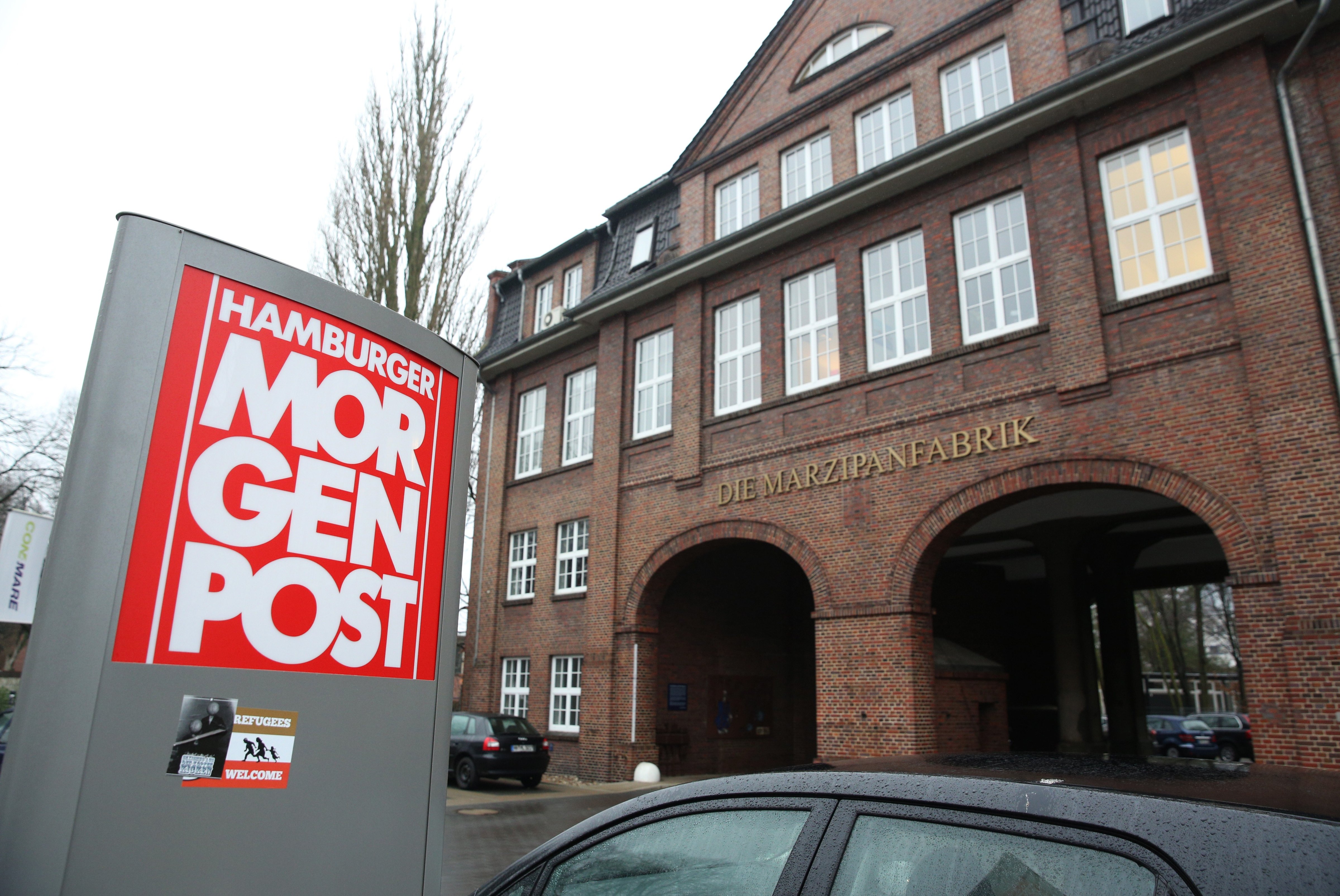 A view taken on Jan. 8, 2015, shows the entrance of German regional newspaper <i>Hamburger Morgenpost</i> editorial office in Hamburg (Christian Charisus—AFP/Getty Images)