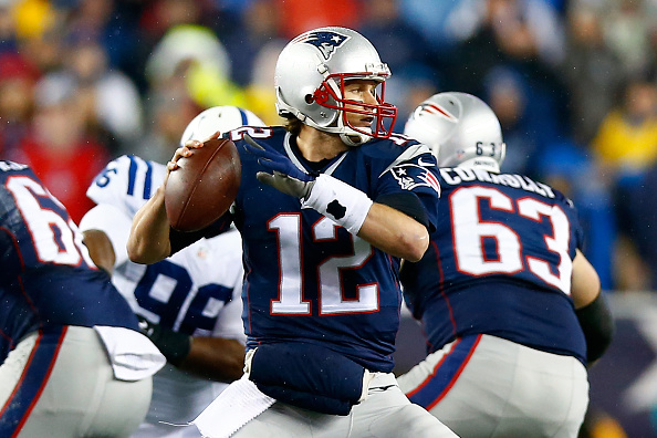 Tom Brady of the New England Patriots looks to pass in the first quatter against the Indianapolis Colts at Gillette Stadium in Foxboro, Mass., on Jan. 18, 2015 (Jared Wickerham—Getty Images)
