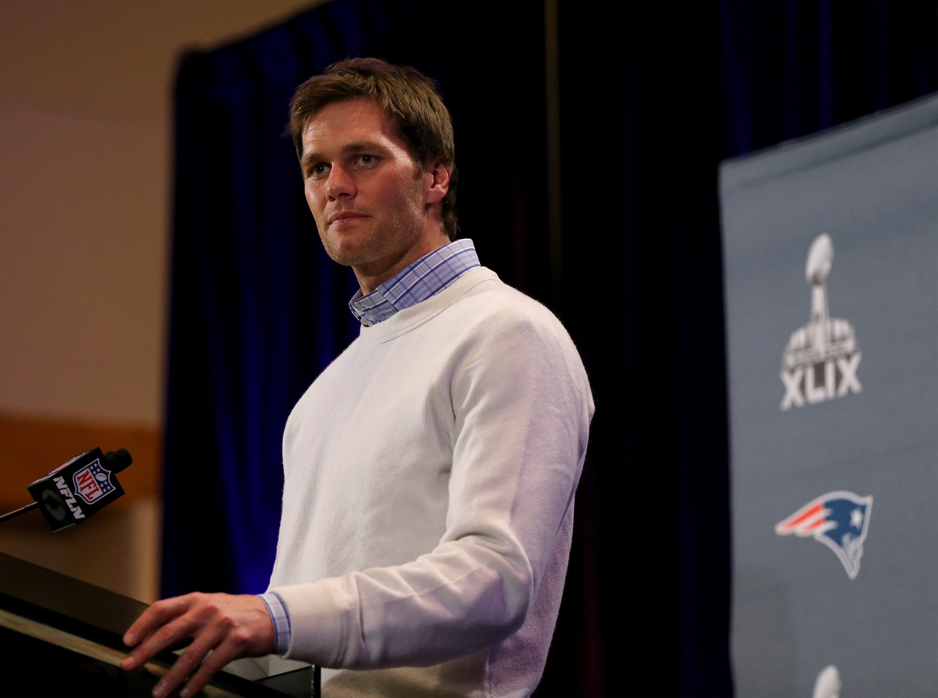 New England Patriots quarterback Tom Brady at the New England Patriots Media Availabiltiy on Jan. 26, 2015 in Chandler, Ariz. (Elsa—Getty Images)