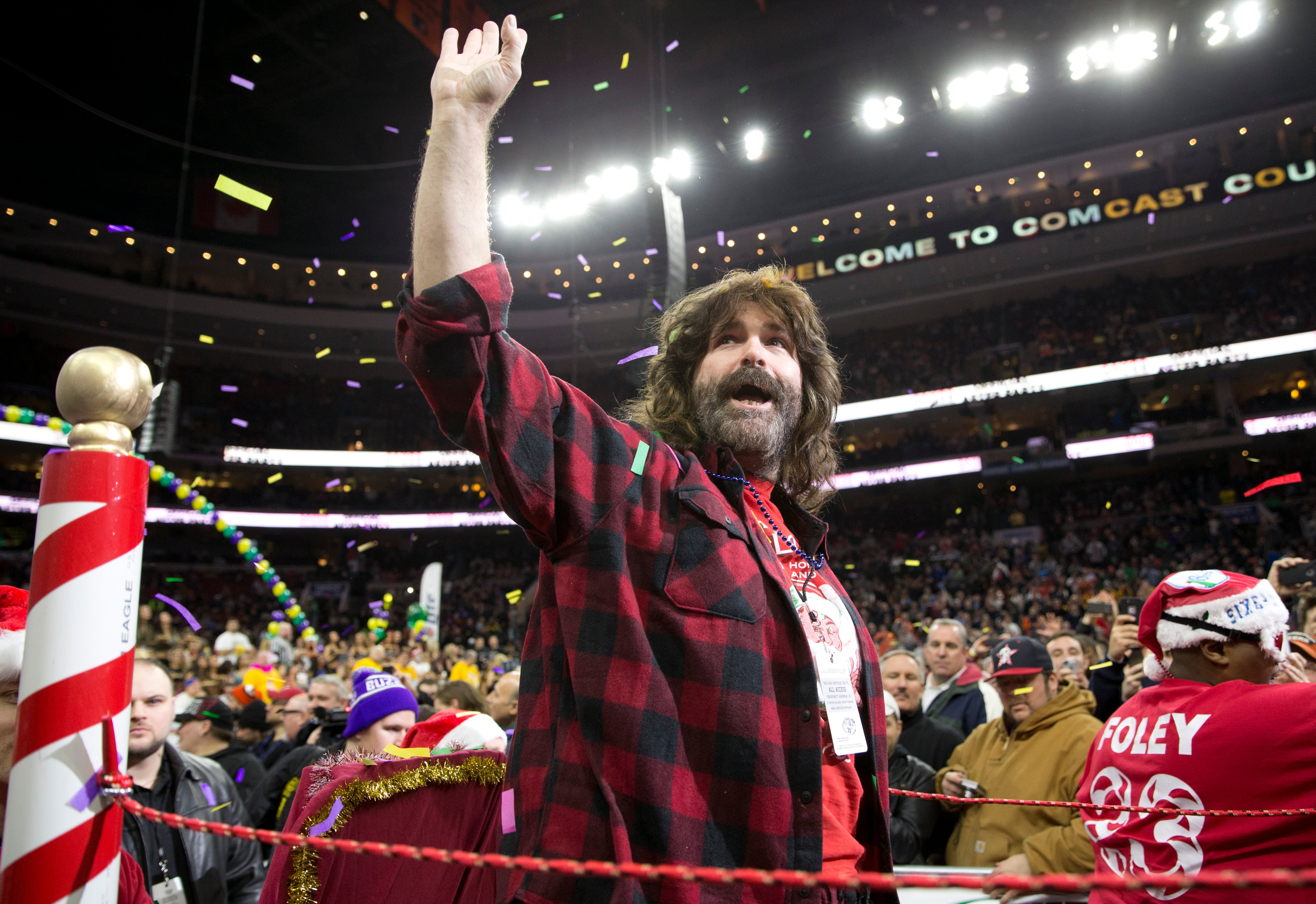 Professional wrestler Mick Foley participates in Wing Bowl 23 on January 30, 2015 at the Wells Fargo Center in Philadelphia, Pennsylvania. (Mitchell Leff&mdash;Getty Images)