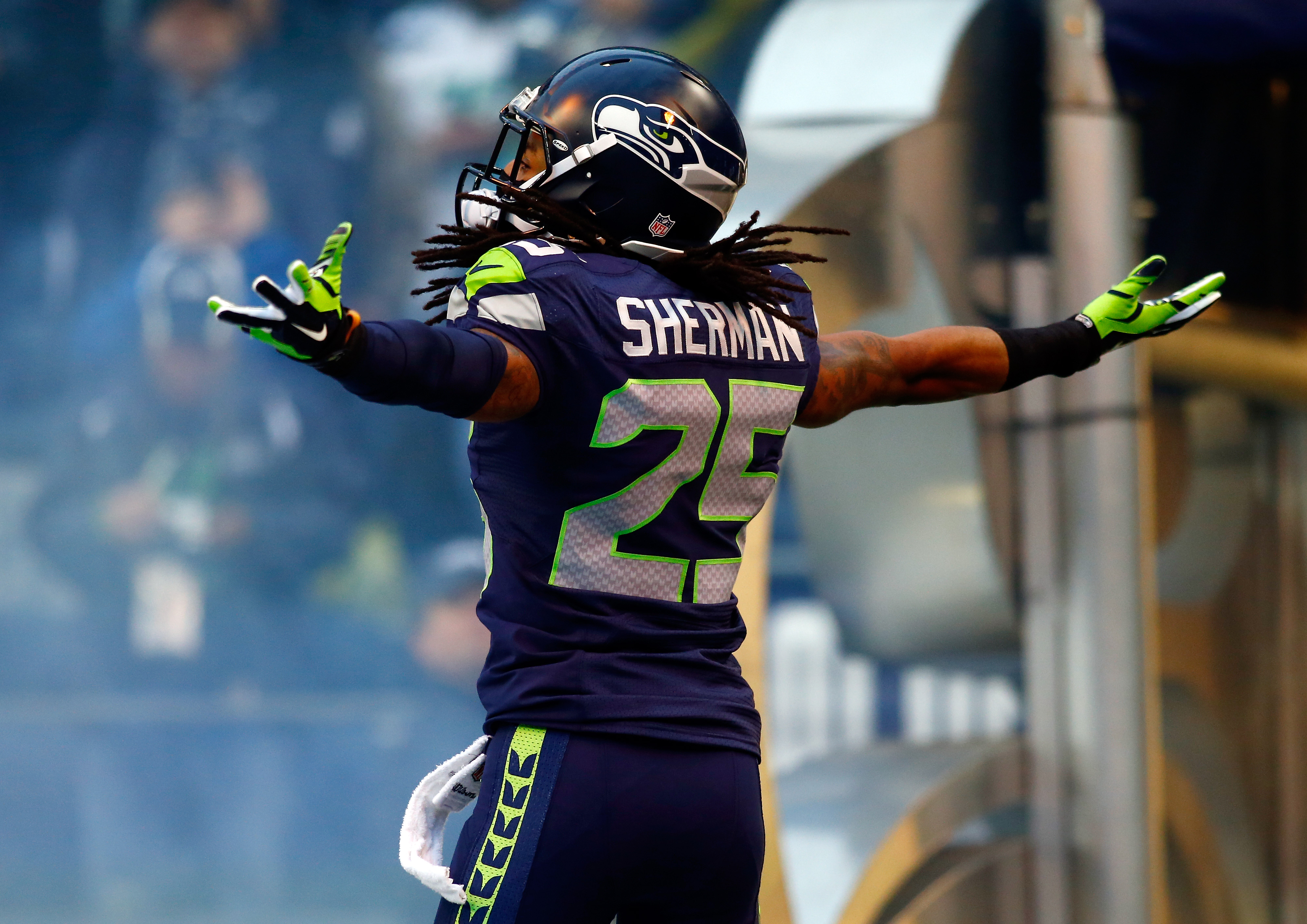 Cornerback Richard Sherman #25 of the Seattle Seahawks takes the field for the 2014 NFC Championship against the San Francisco 49ers at CenturyLink Field on January 19, 2014 in Seattle, Washington. (Jonathan Ferrey&mdash;Getty Images)