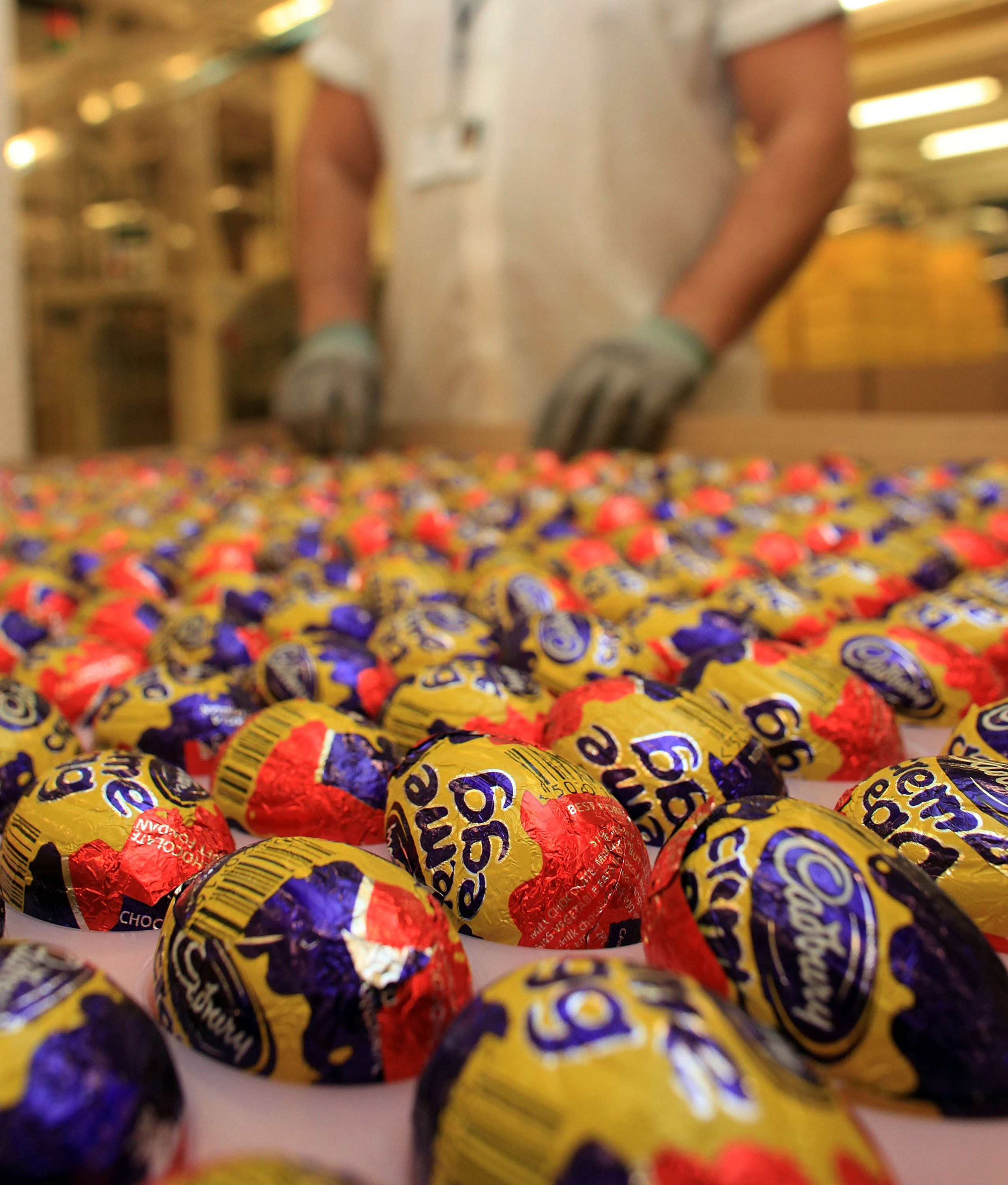Cadbury's Creme Eggs move down the production line at the Cadbury's Bournville production plant (Christopher Furlong&mdash;Getty Images)