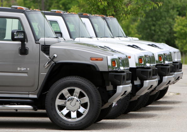 A row of Hummers for sale in 2009 at a Michigan dealer. (Jeff Kowalsky / Bloomberg via Getty Images)