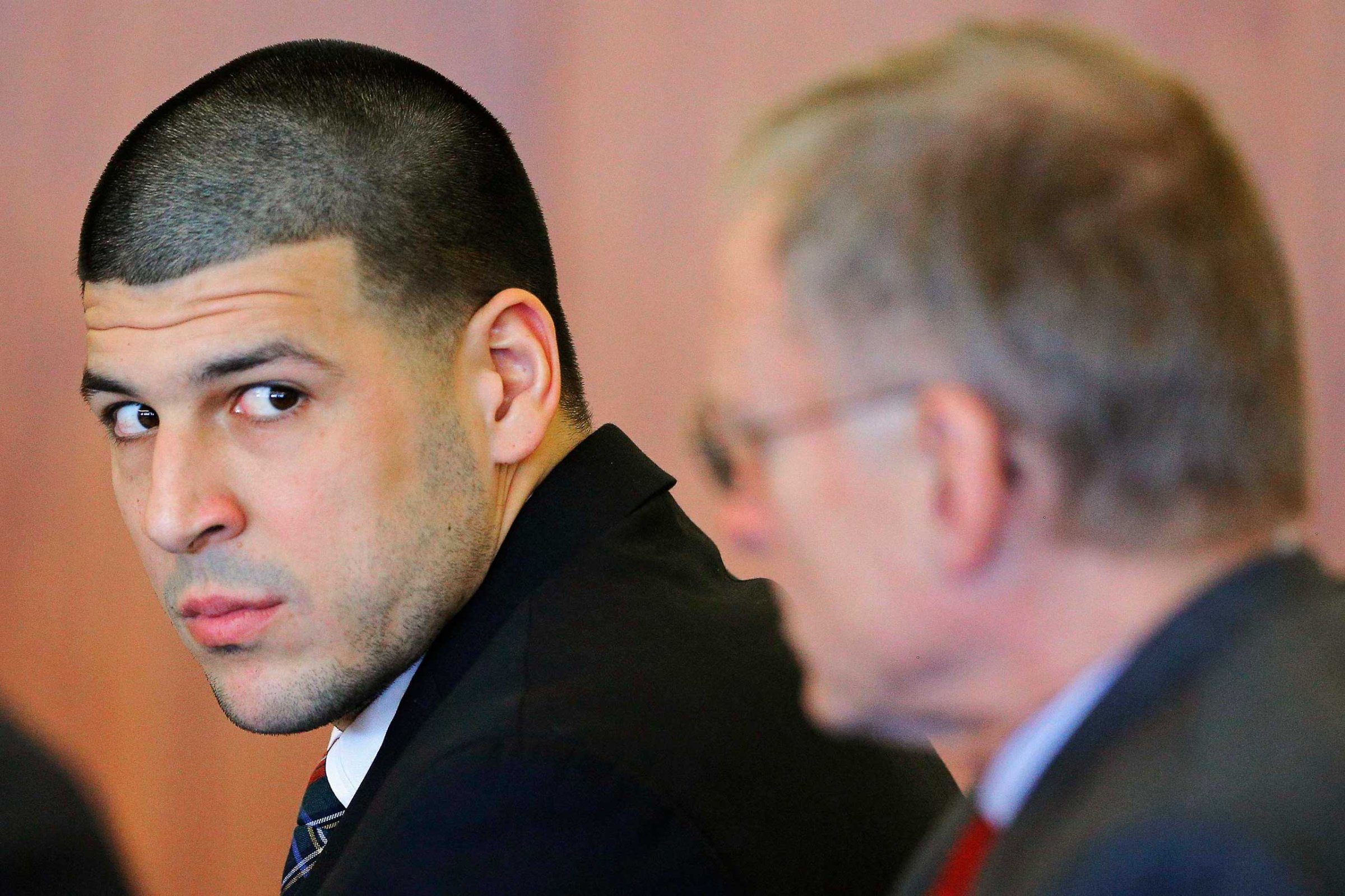 Former New England Patriots tight end Aaron Hernandez attends a pre-trial hearing in Fall River, Massachusetts Dec. 22, 2014.
