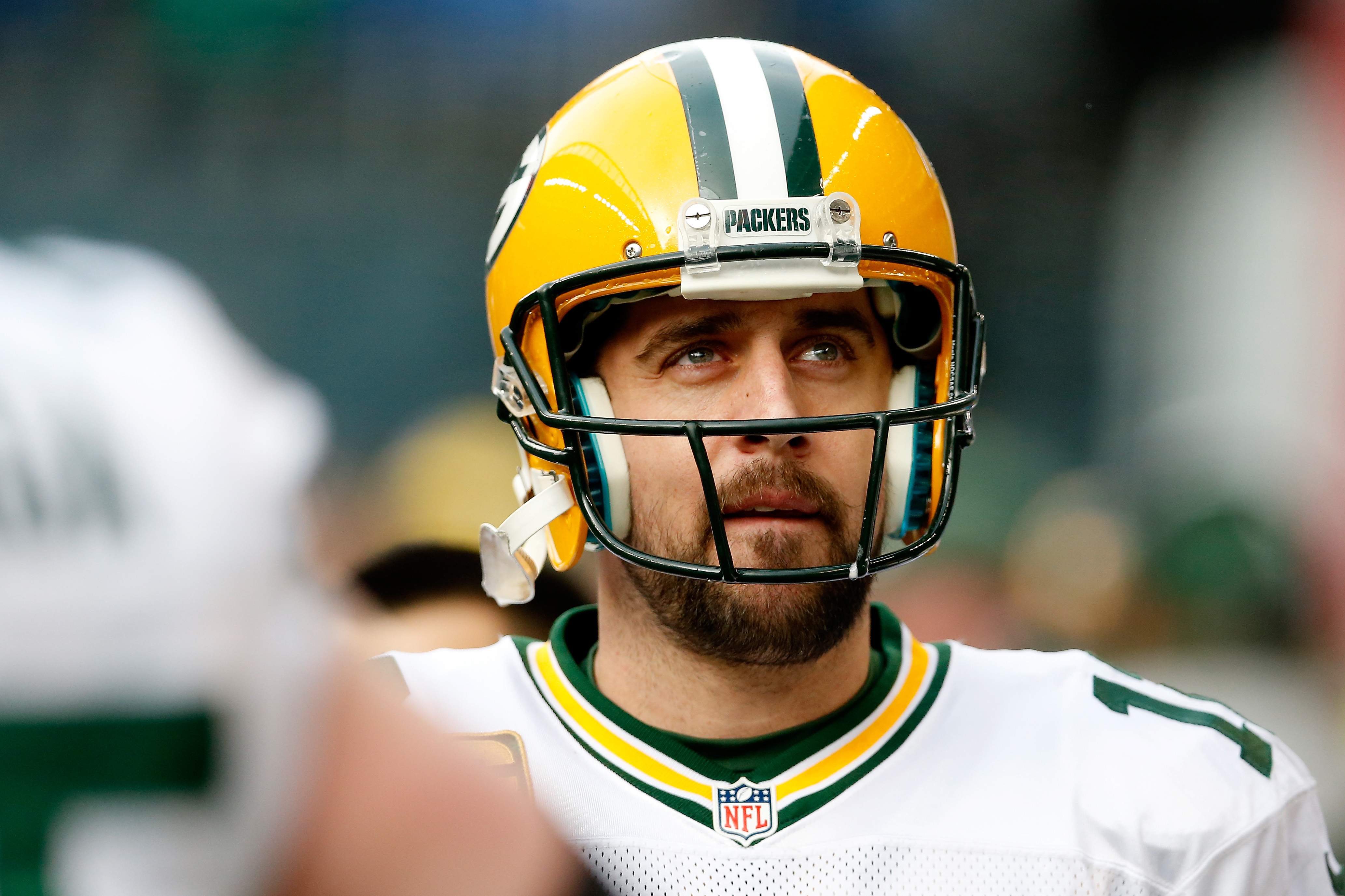 Aaron Rodgers of the Green Bay Packers looks up at the scoreboard during the fourth quarter of the 2015 NFC Championship game against the Seattle Seahawks at CenturyLink Field on Jan. 18, 2015 in Seattle.