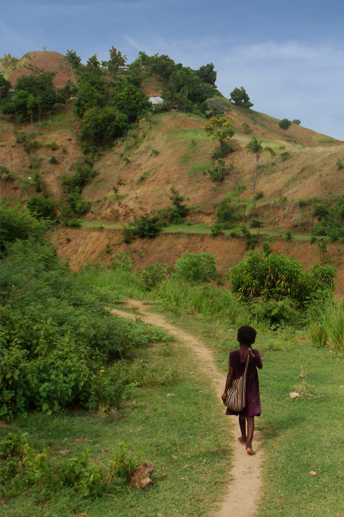 A girl walks along a path on her way to school in the upper watershed of Les Anglais. Until recently, there had been no maps showing where the schools are located, how many students attended, or any other critical information for improving schools facilities. (Photo Credit- Alex Fischer, Earth Institute)