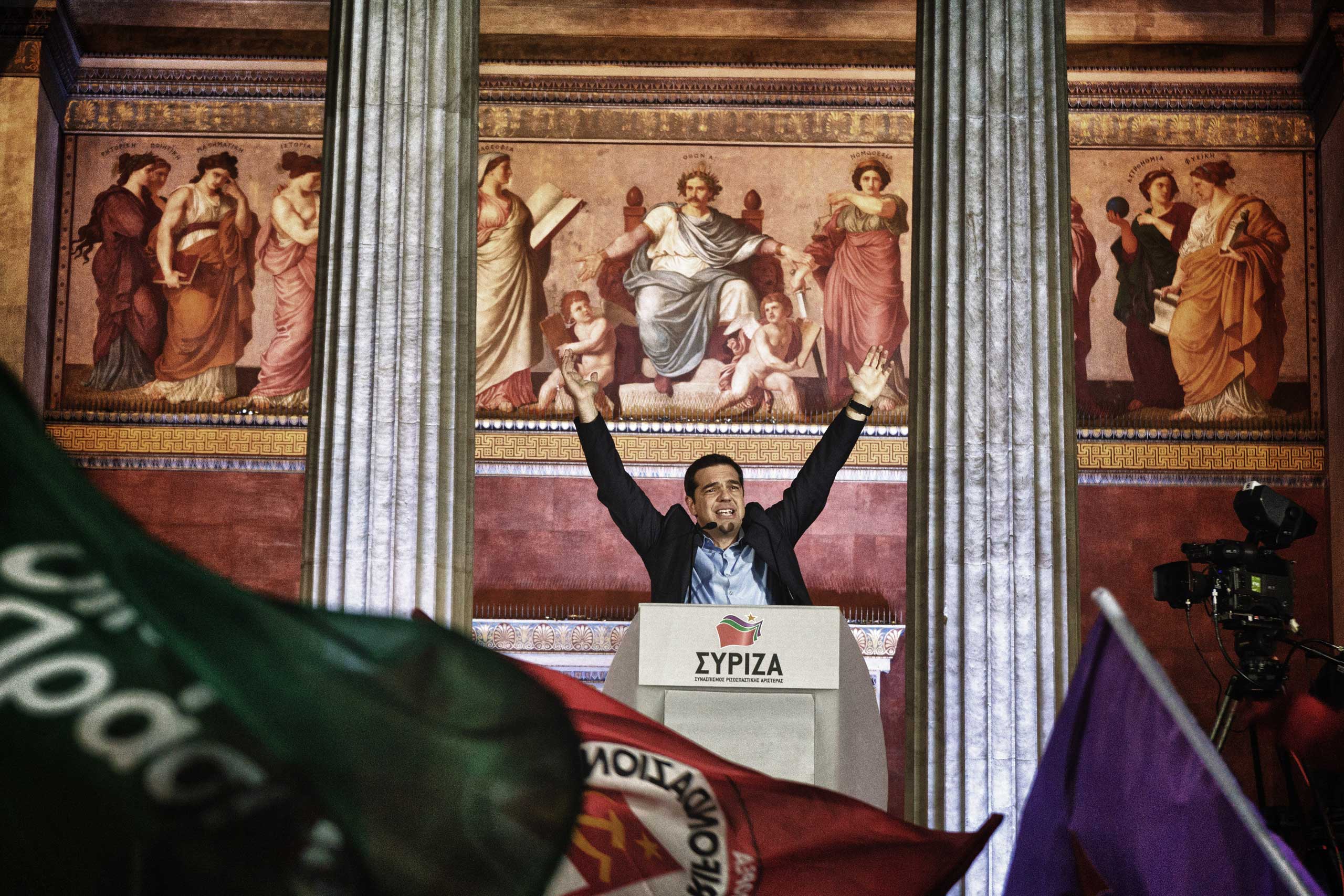 Leader of Syriza party Alexis Tsipras, during his victory speech in Athens, Jan. 25, 2015. (Nikos Pilos—laif/Redux)