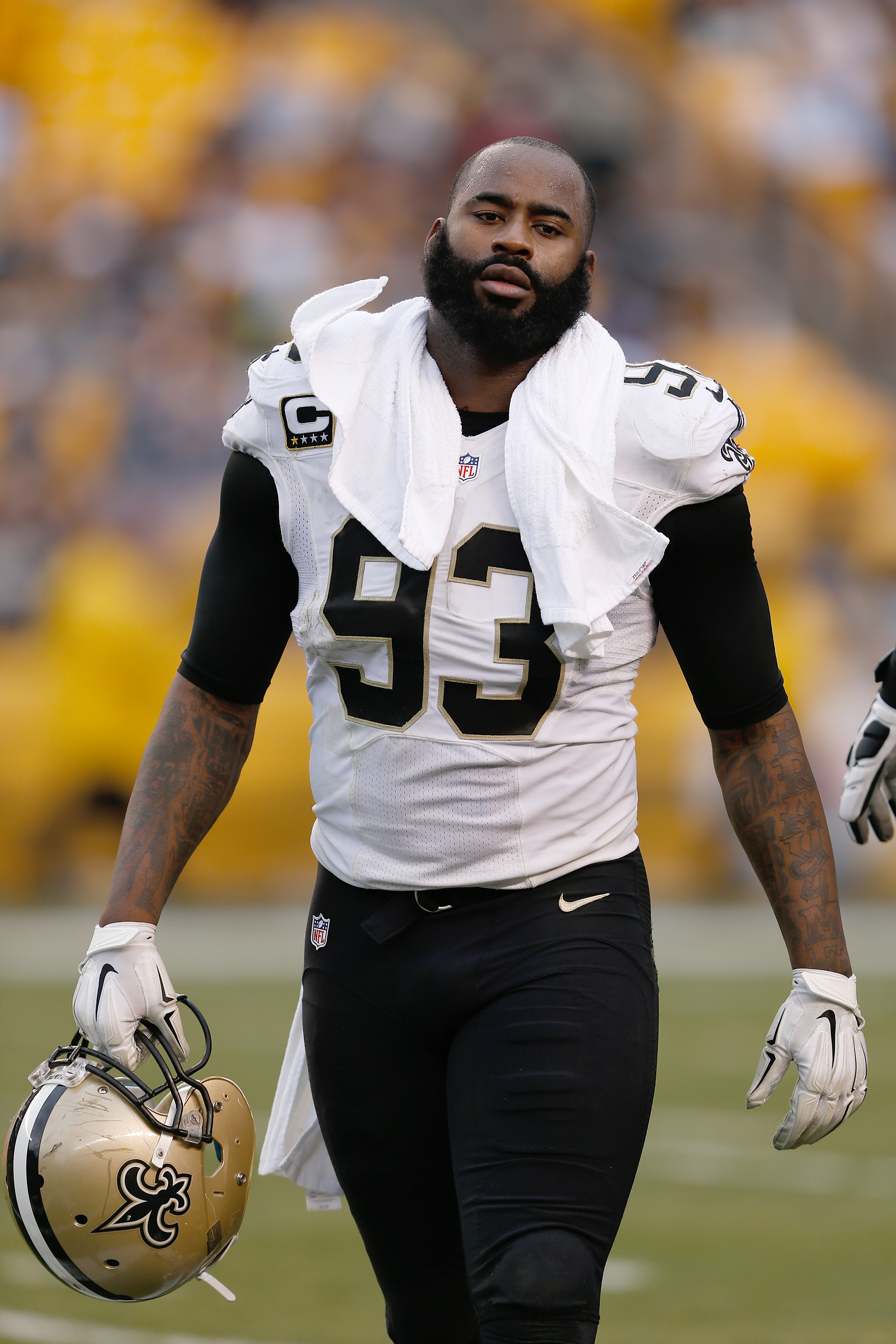 New Orleans Saints linebacker Junior Galette at the game against the Pittsburgh Steelers in Pittsburgh, Pa. on Nov. 30, 2014. (Scott Boehm—AP)