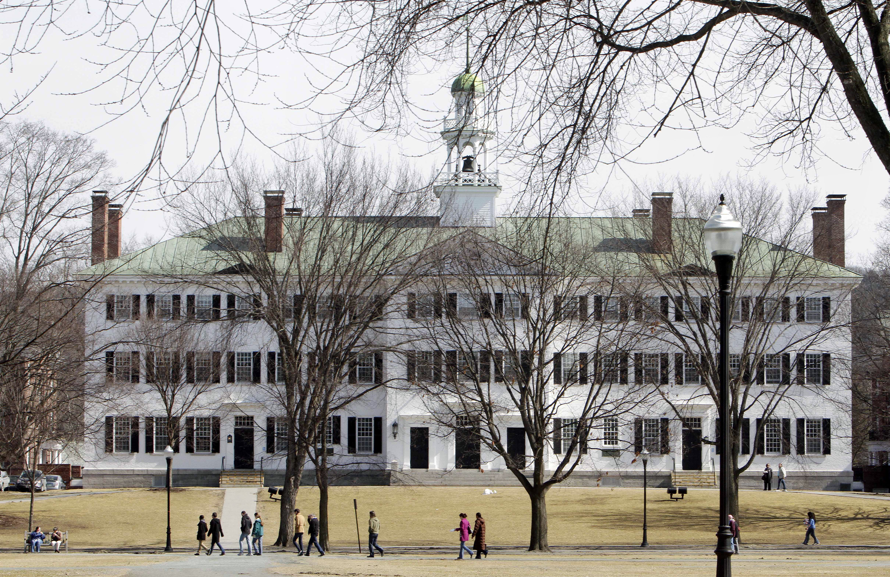Students walk across the Dartmouth College campus green in Hanover, N.H., on March 12, 2012. The school is banning hard alcohol on campus. (Jim Cole—AP)