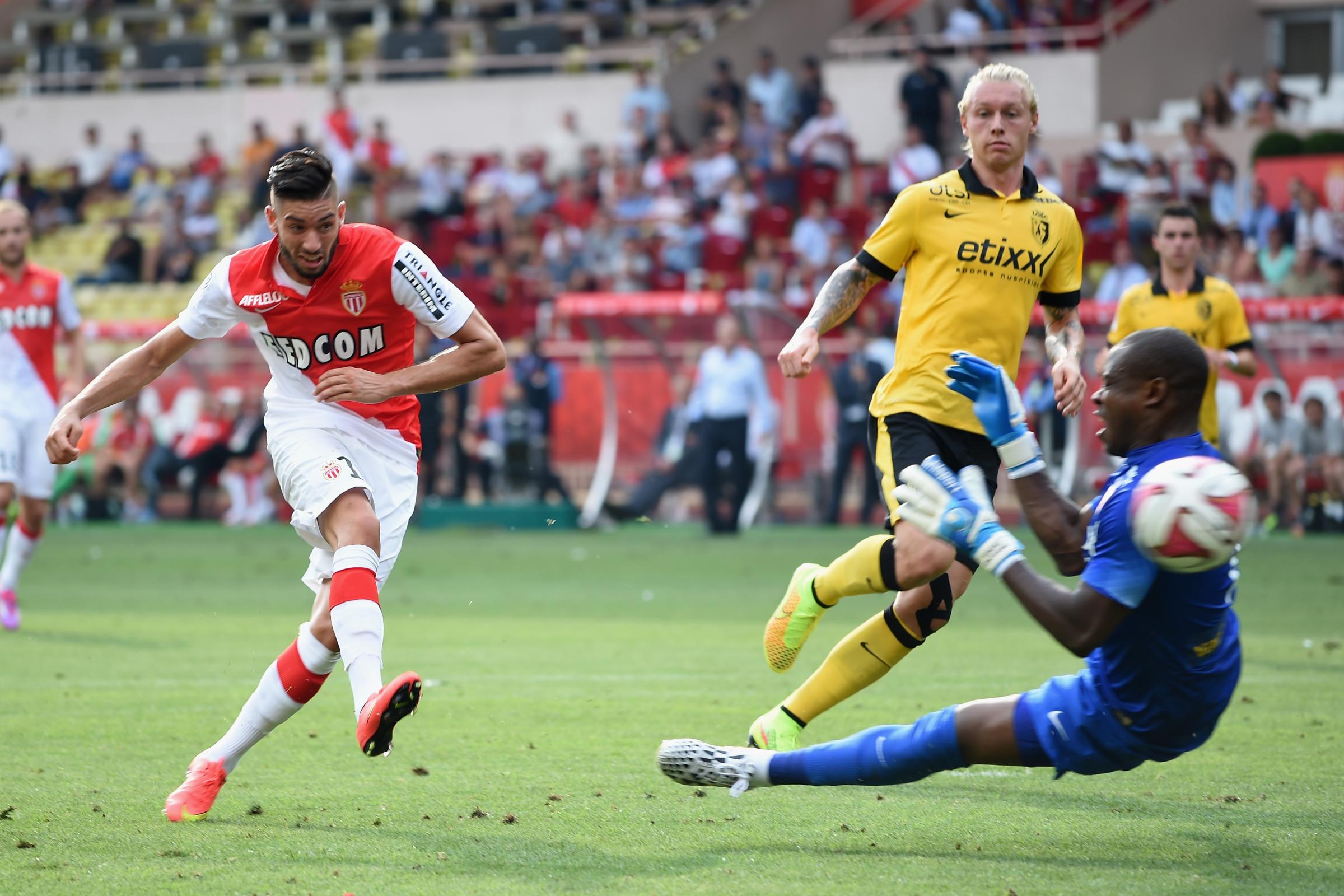 Yannick Ferreira Carrasco of Monaco shoots at goal during the French Ligue 1 match between AS Monaco FC and LOSC Lille at Louis II Stadium on Aug. 30, 2014 in Monaco,