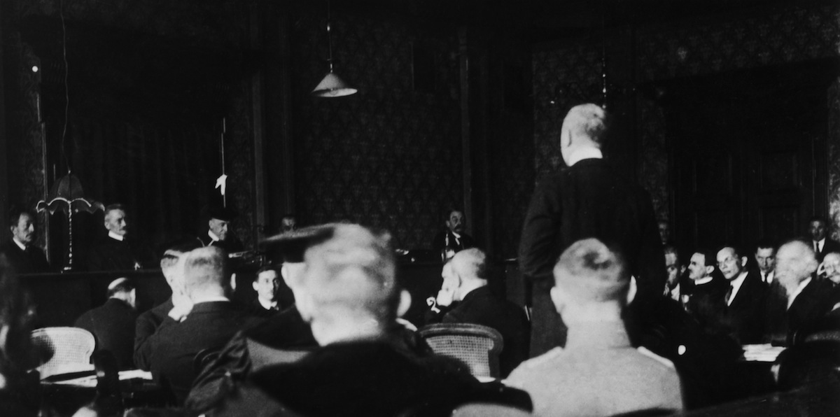 A courtroom scene on Mar. 3, 1924, during the treason trial of Adolf Hitler and Erich Ludendorff (following the unsuccessful Beer Hall Putsch of November 1923 (Hulton Archive / Getty Images)