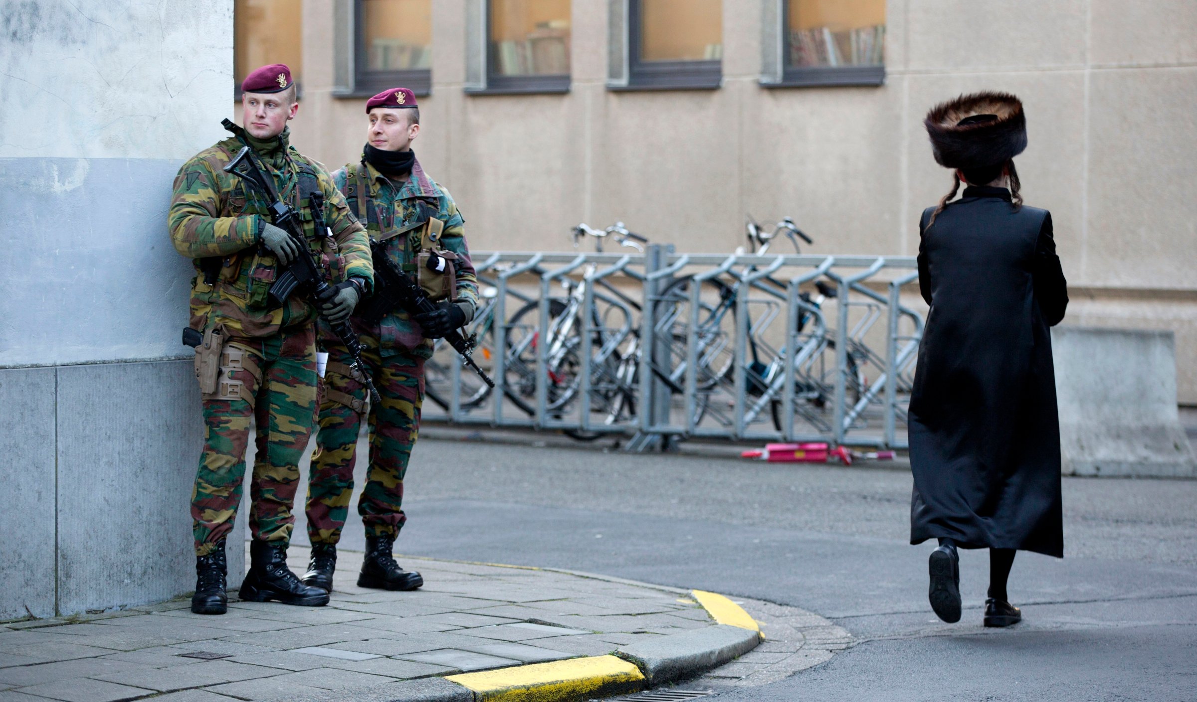 Belgian para-commandos patrol near a synagogue in the center of Antwerp, Belgium, on Jan. 17, 2015.