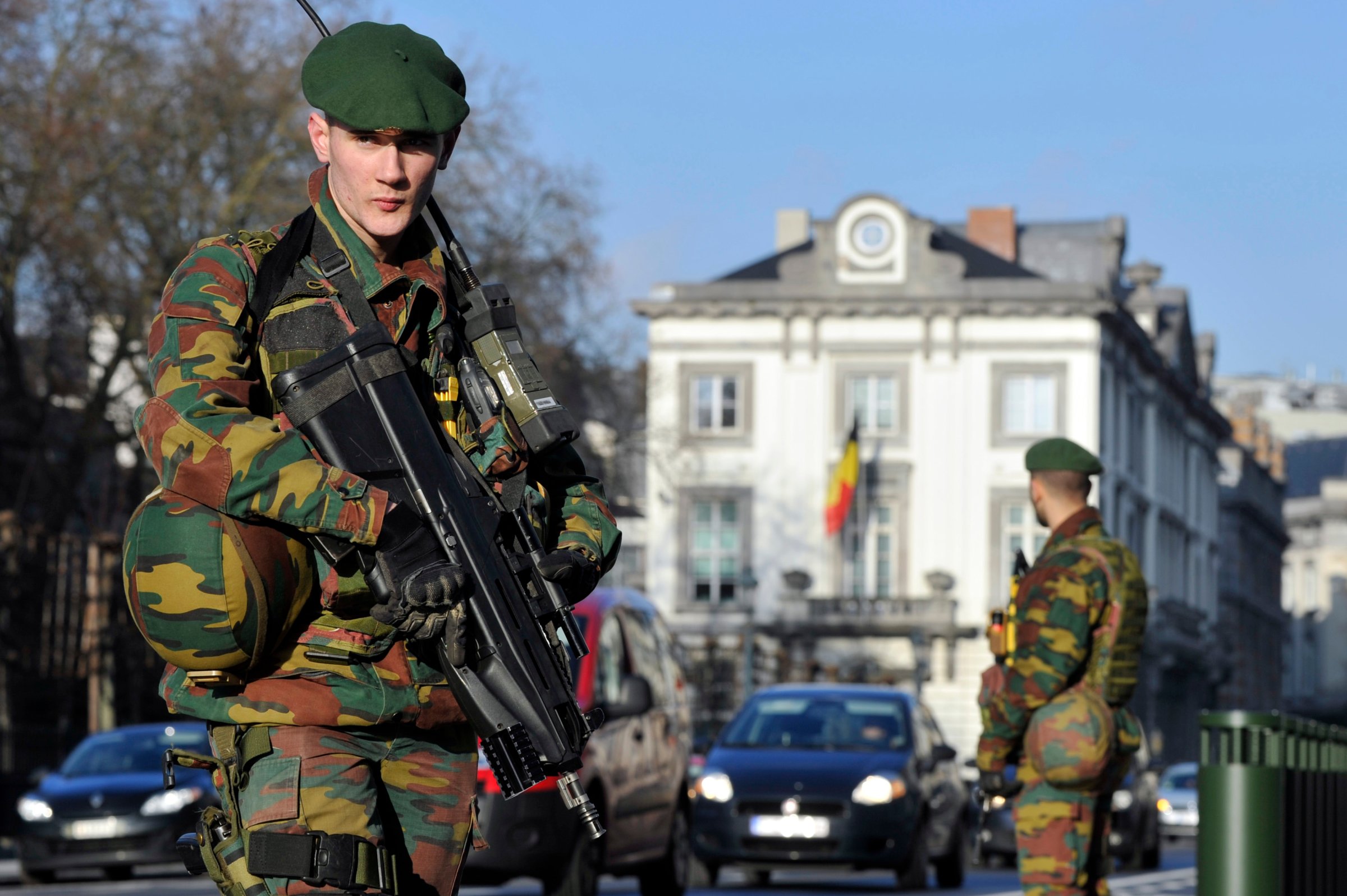Belgian soldiers guard outside the U.S. Embassy in Brussels near the Belgian Parliament on Jan. 17, 2015.