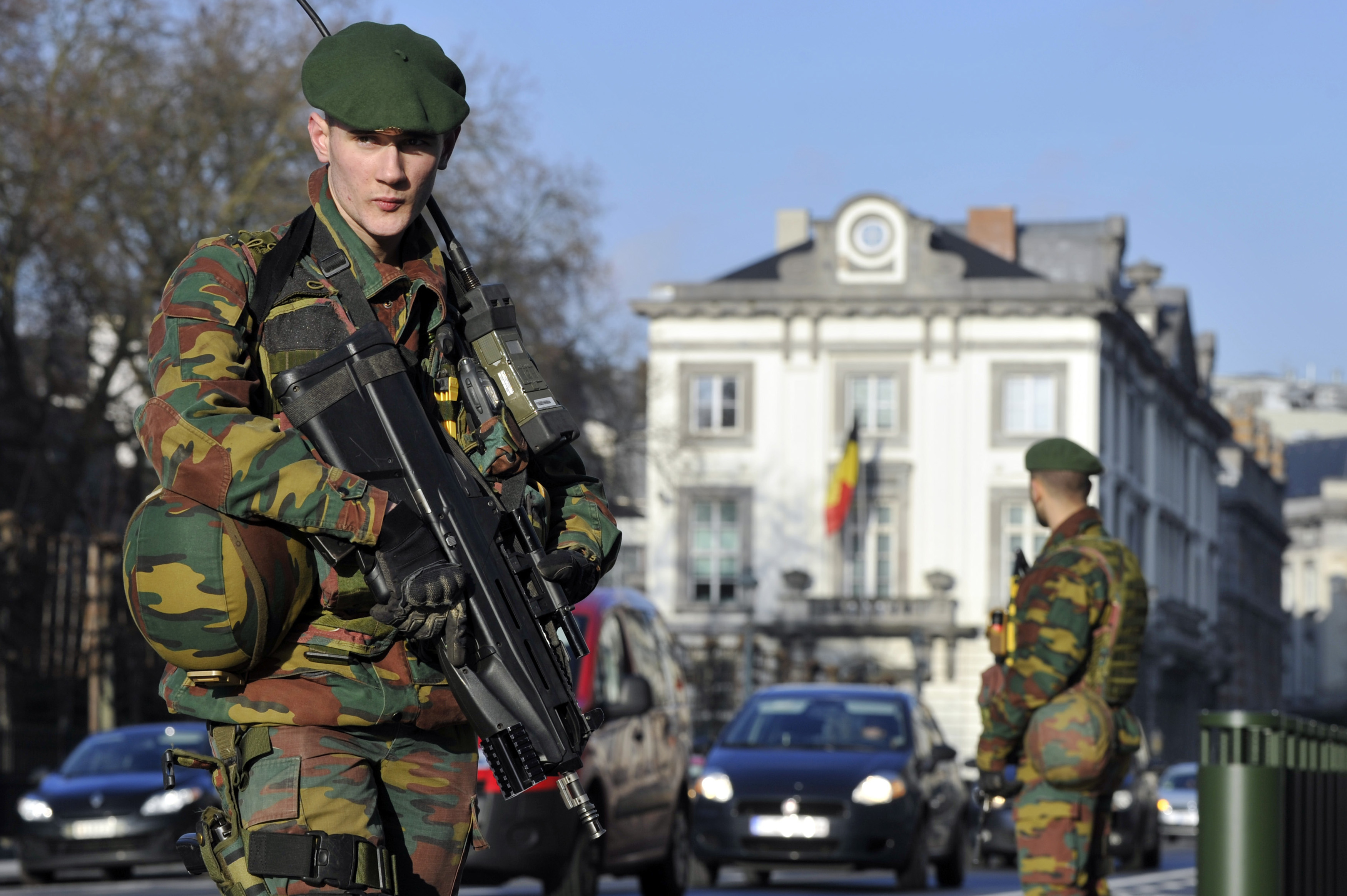 Belgian soldiers guard outside the U.S. Embassy in Brussels near the Belgian Parliament on Jan. 17, 2015. (Eric Vidal—Reuters)