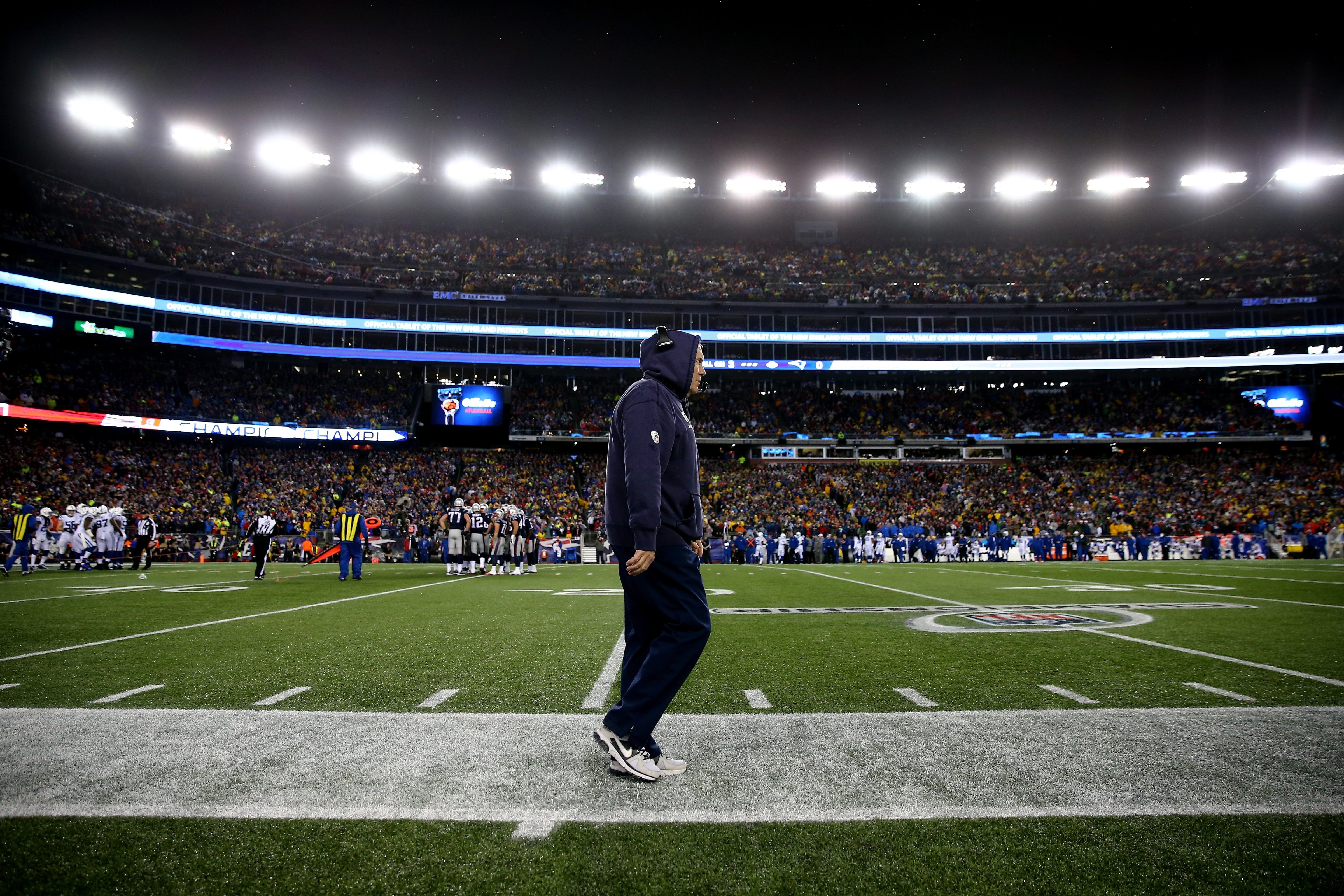 Head coach Bill Belichick of the New England Patriots looks on from the sideline in the first half against the Indianapolis Colts during the 2015 AFC Championship Game at Gillette Stadium on Jna. 18, 2015 in Foxboro, Mass. (Elsa—Getty Images)